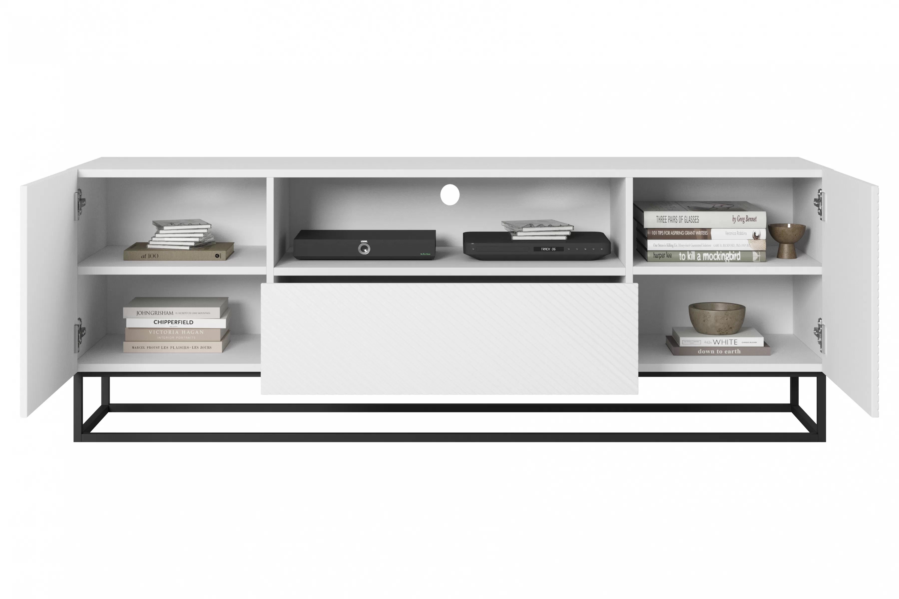 TV stolík Asha 167 cm so zásuvkou a kovovou konštrukciou - biely mat TV skrinka Asha 167 cm z szuflada i metalowym stelazem - biely mat