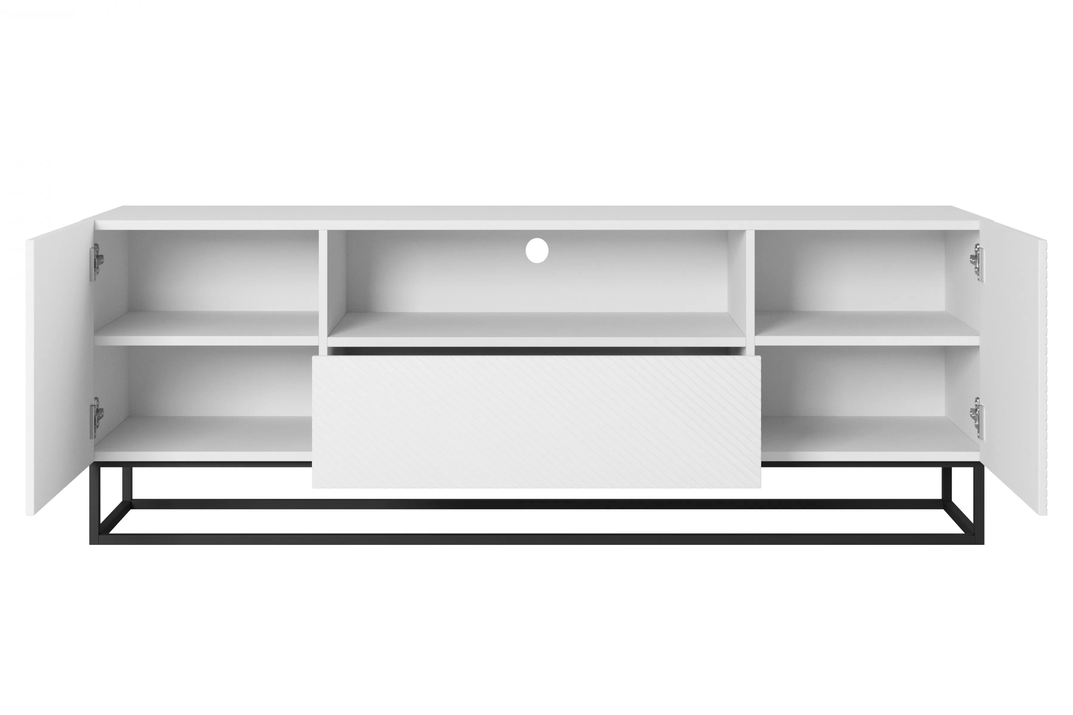TV stolík Asha 167 cm so zásuvkou a kovovou konštrukciou - biely mat TV skrinka Asha 167 cm z szuflada i metalowym stelazem - biely mat