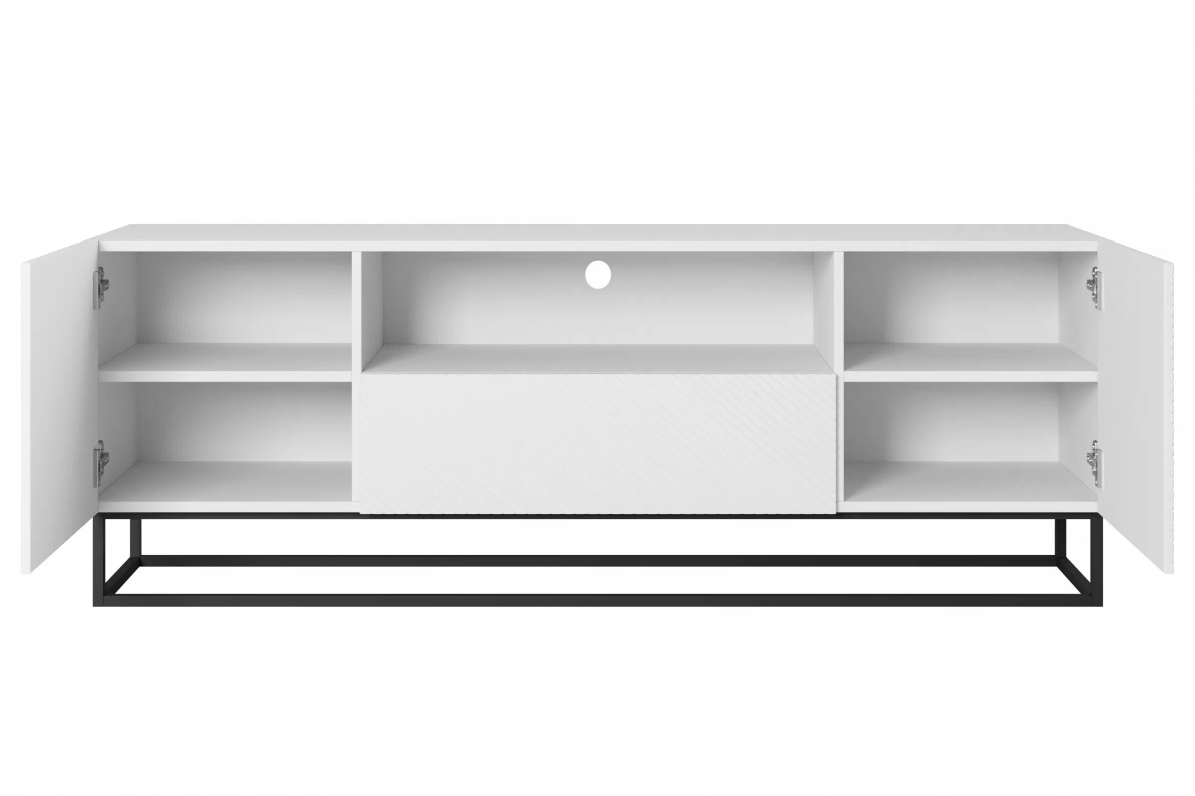 TV stolík Asha 167 cm so zásuvkou a kovovou konštrukciou - biely mat TV skrinka Asha 167 cm z szuflada i metalowym stelazem - biely mat