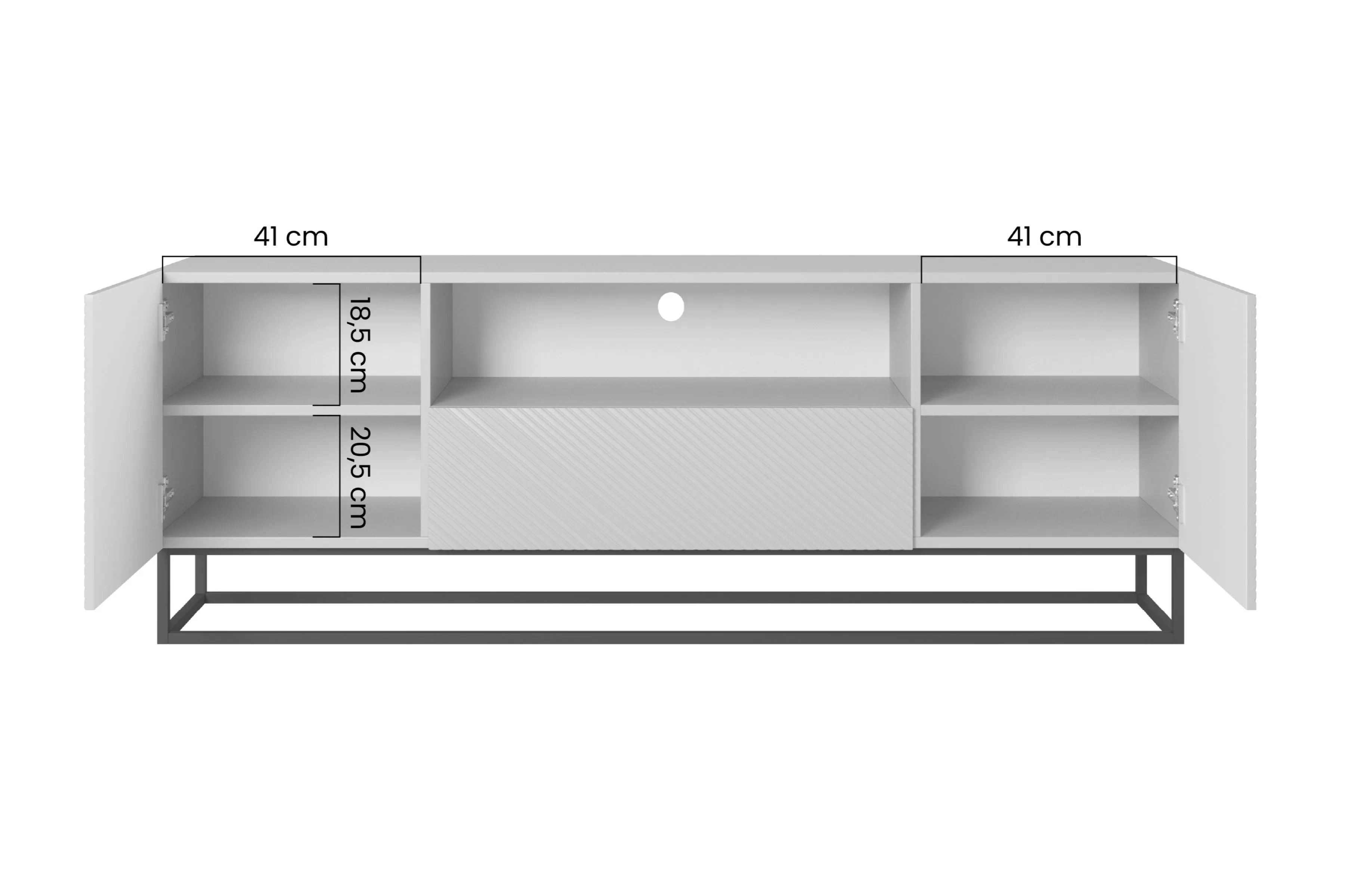 TV stolík Asha 167 cm so zásuvkou a kovovou konštrukciou - biely mat TV skrinka Asha 167 cm z szuflada i metalowym stelazem - biely mat