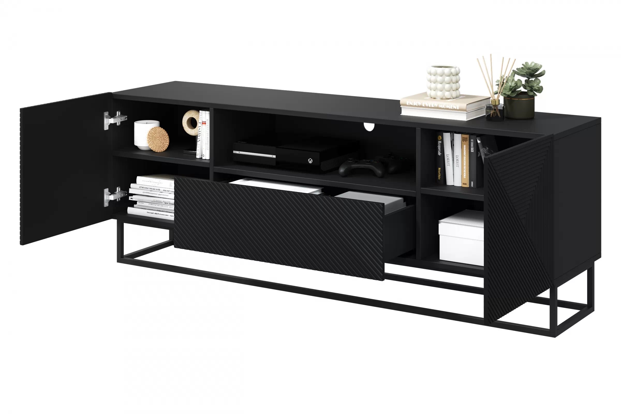TV stolík Asha 167 cm so zásuvkou a kovovou konštrukciou - čierny mat TV skrinka Asha 167 cm z szuflada i metalowym stelazem - Čierny mat