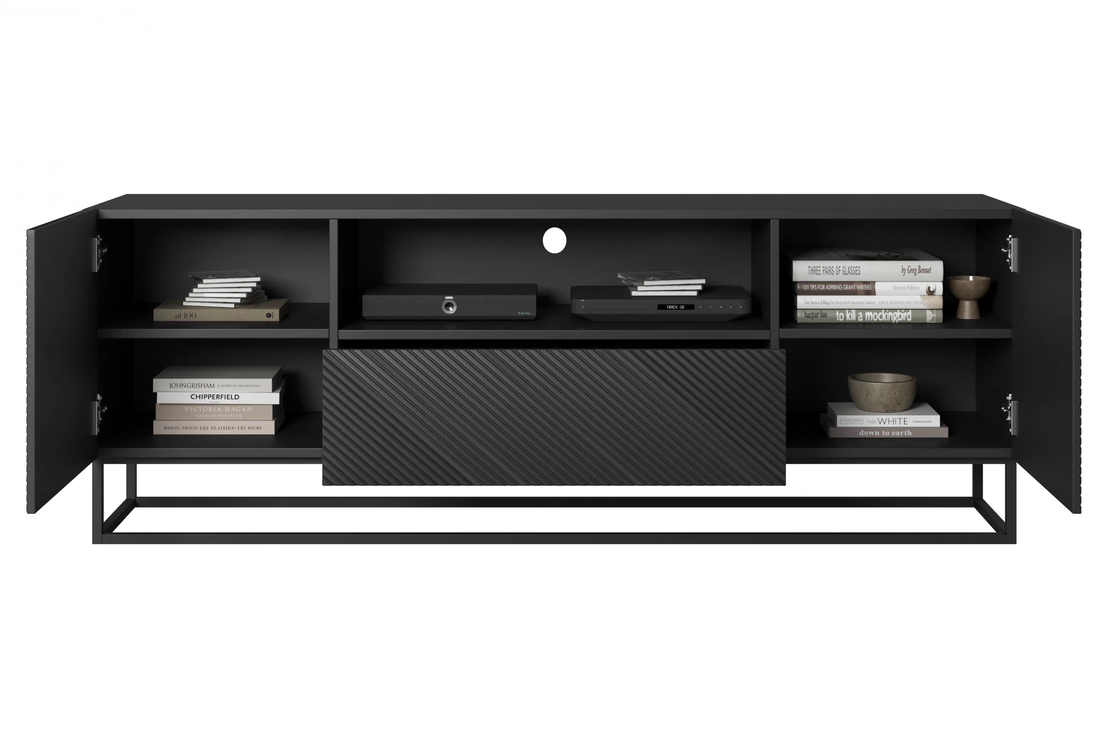 TV stolík Asha 167 cm so zásuvkou a kovovou konštrukciou - čierny mat TV skrinka Asha 167 cm z szuflada i metalowym stelazem - Čierny mat