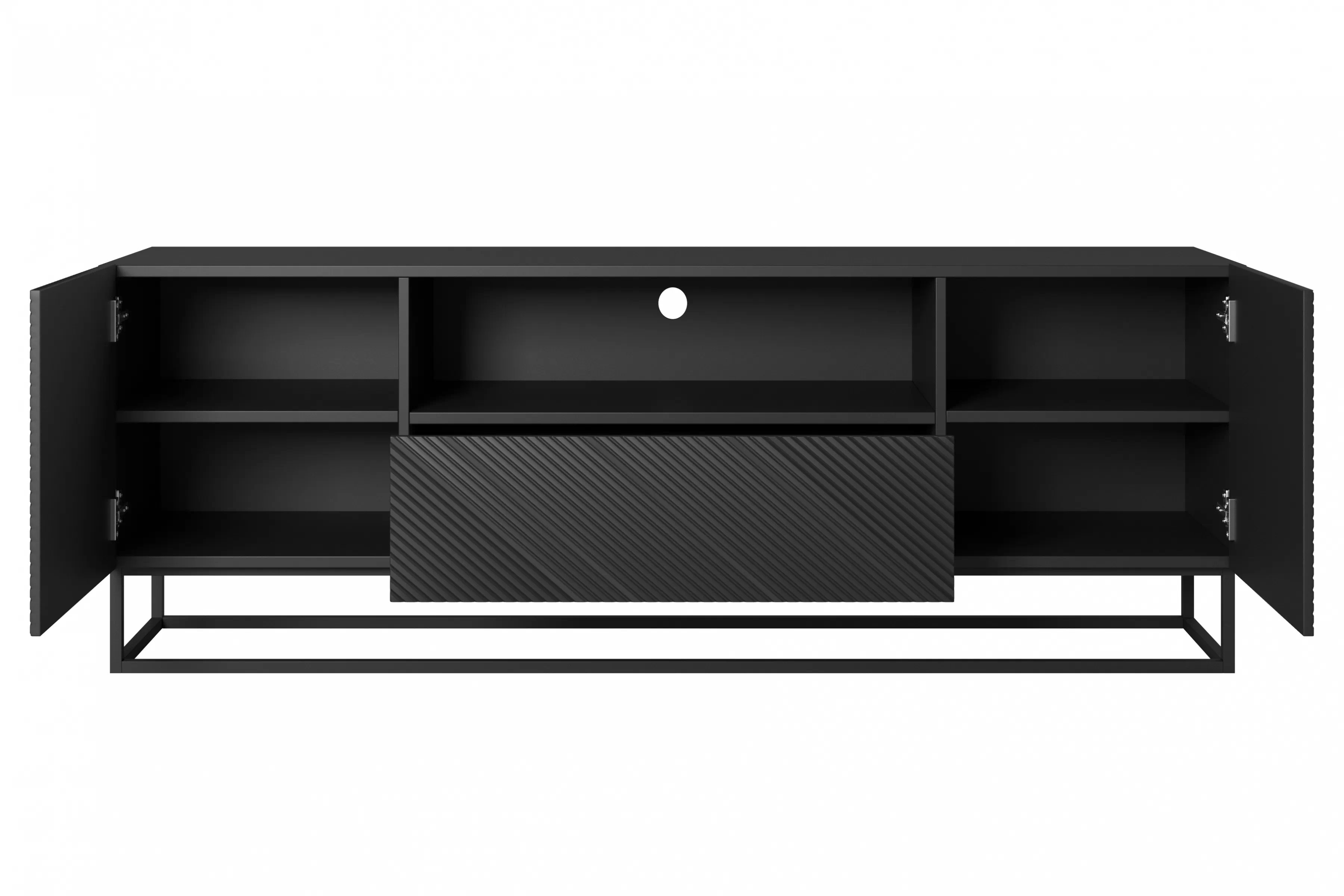TV stolík Asha 167 cm so zásuvkou a kovovou konštrukciou - čierny mat TV skrinka Asha 167 cm z szuflada i metalowym stelazem - Čierny mat