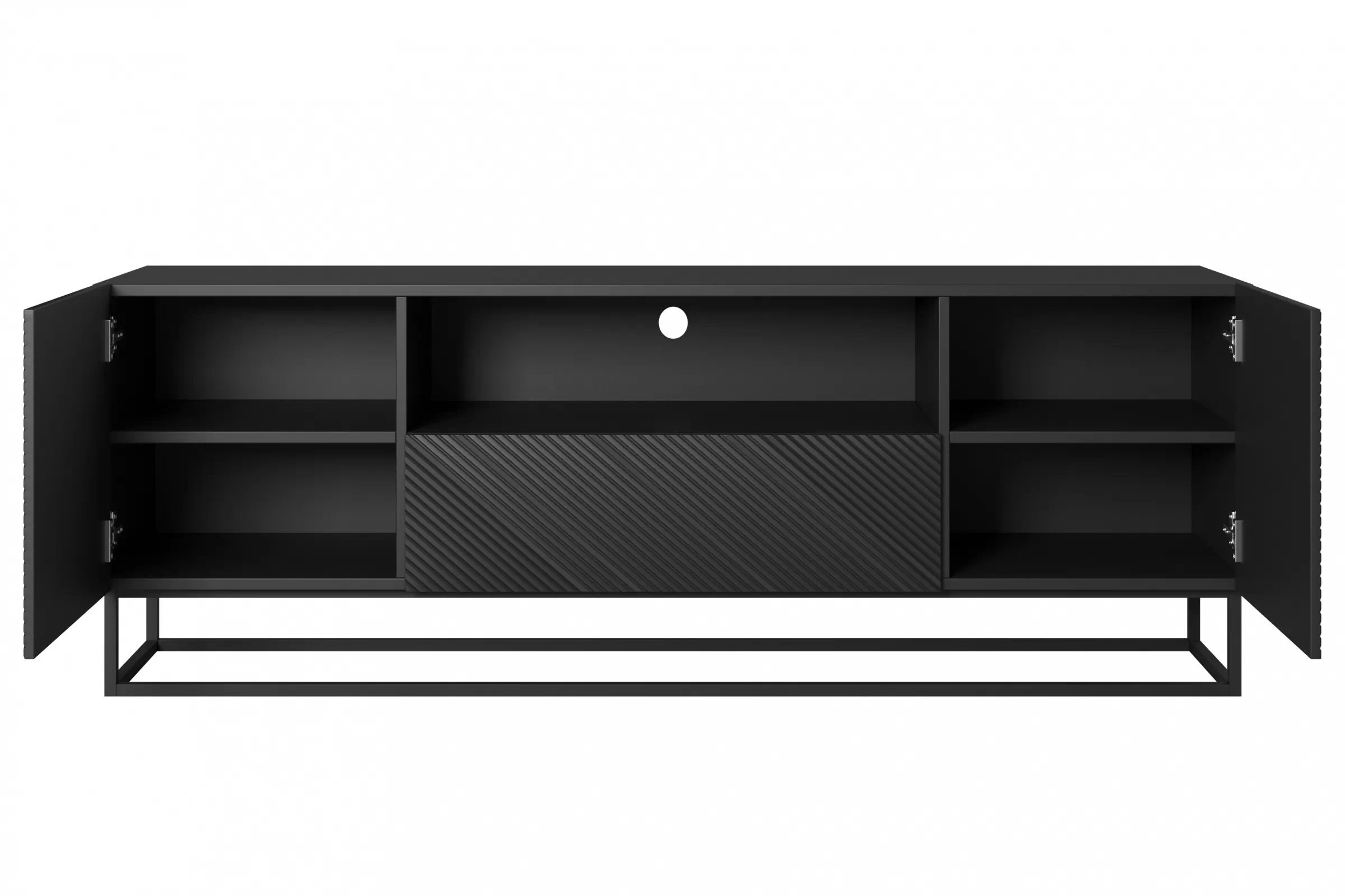 TV stolík Asha 167 cm so zásuvkou a kovovou konštrukciou - čierny mat TV skrinka Asha 167 cm z szuflada i metalowym stelazem - Čierny mat