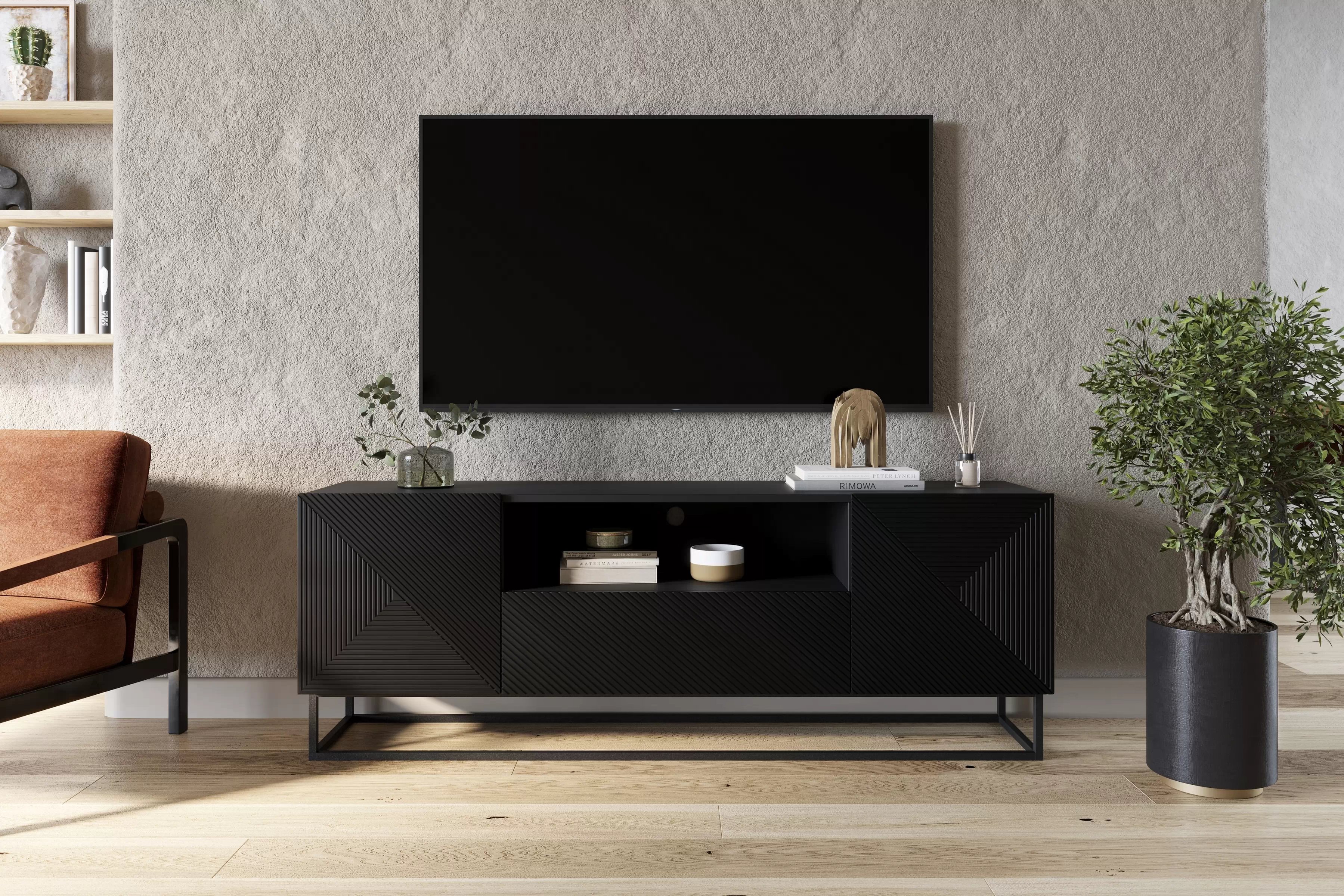 TV stolík Asha 167 cm so zásuvkou a kovovou konštrukciou - čierny mat TV skrinka Asha 167 cm z szuflada i metalowym stelazem - Čierny mat