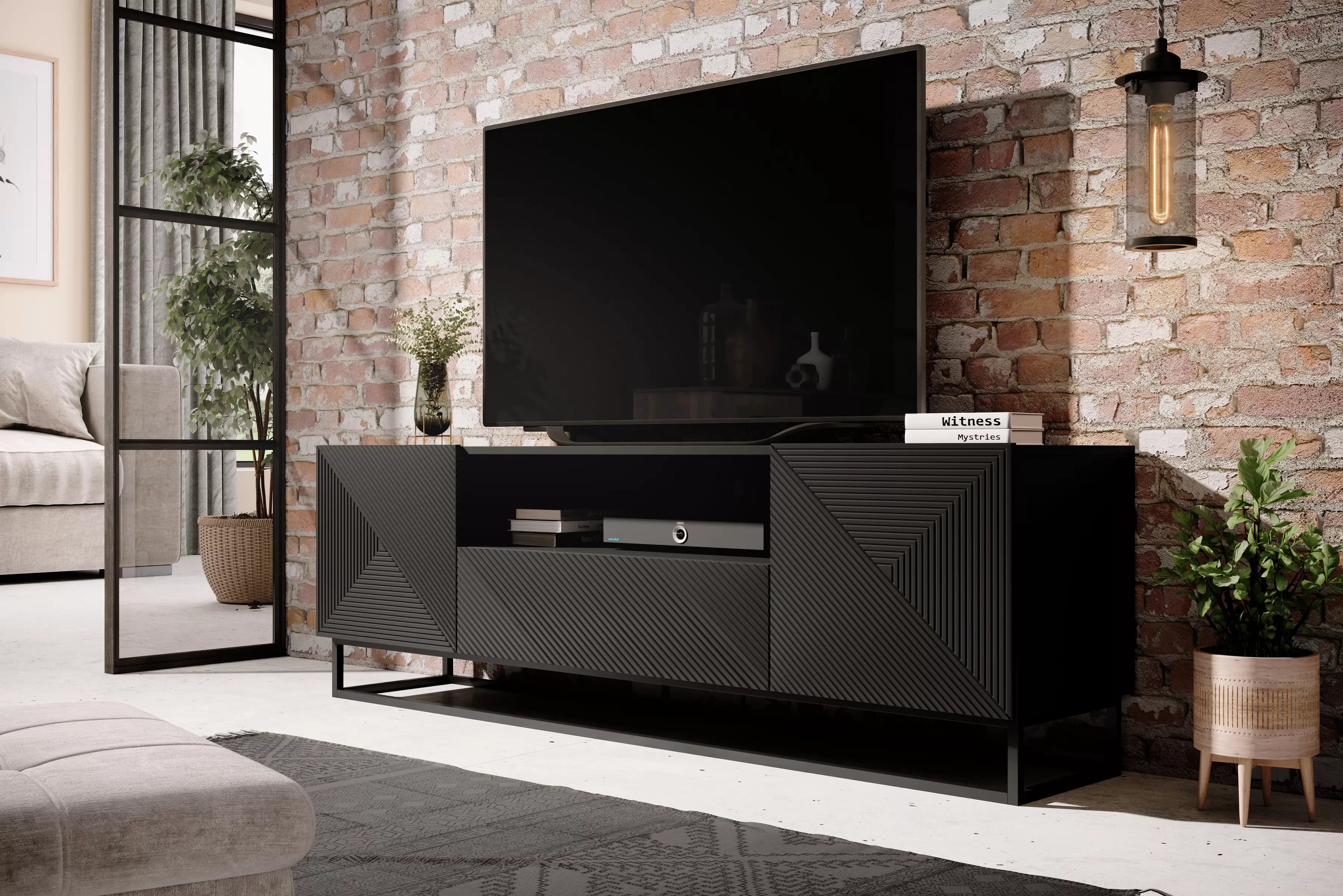 TV stolík Asha 167 cm so zásuvkou a kovovou konštrukciou - čierny mat TV skrinka Asha 167 cm z szuflada i metalowym stelazem - Čierny mat