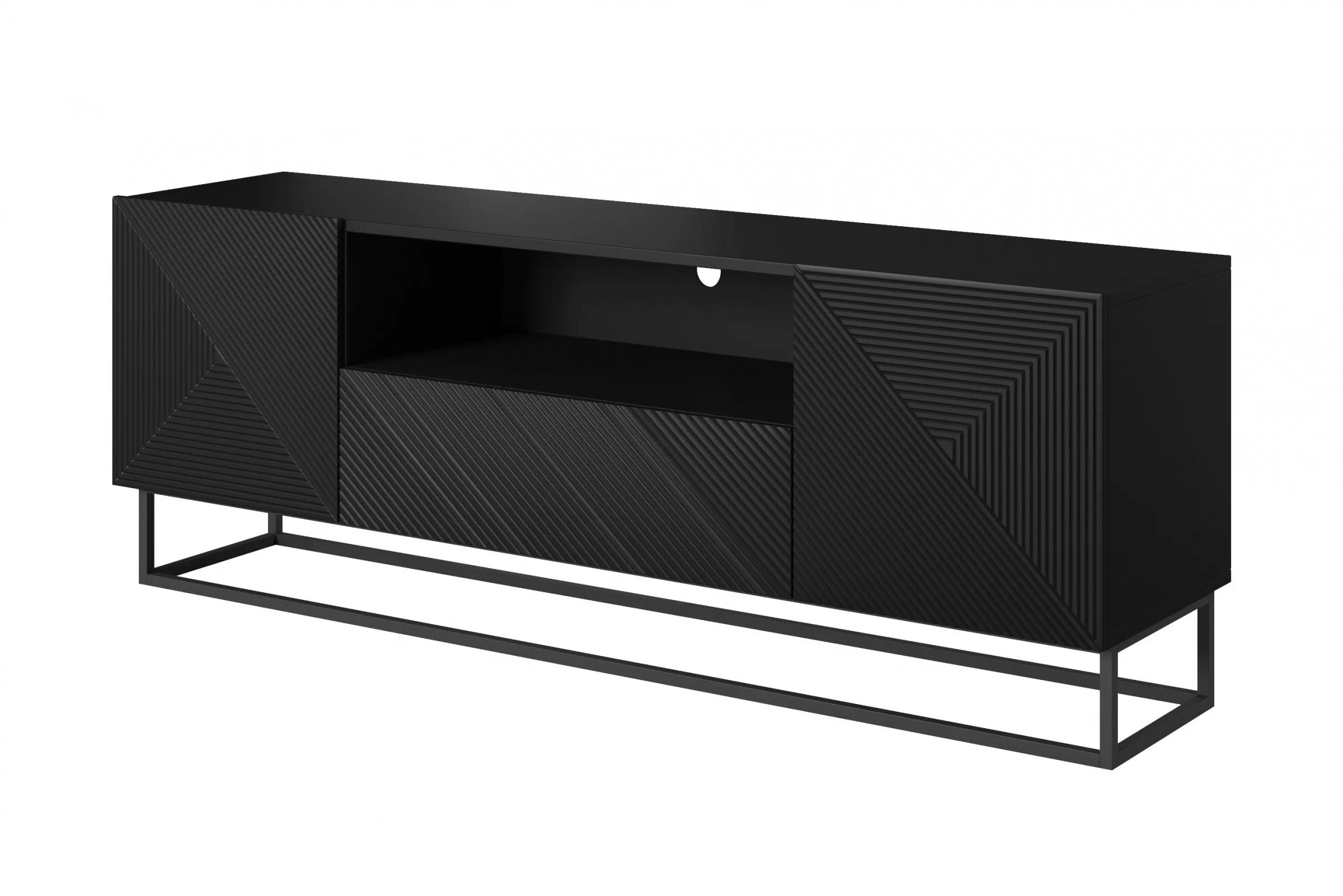 TV stolík Asha 167 cm so zásuvkou a kovovou konštrukciou - čierny mat TV skrinka Asha 167 cm z szuflada i metalowym stelazem - Čierny mat