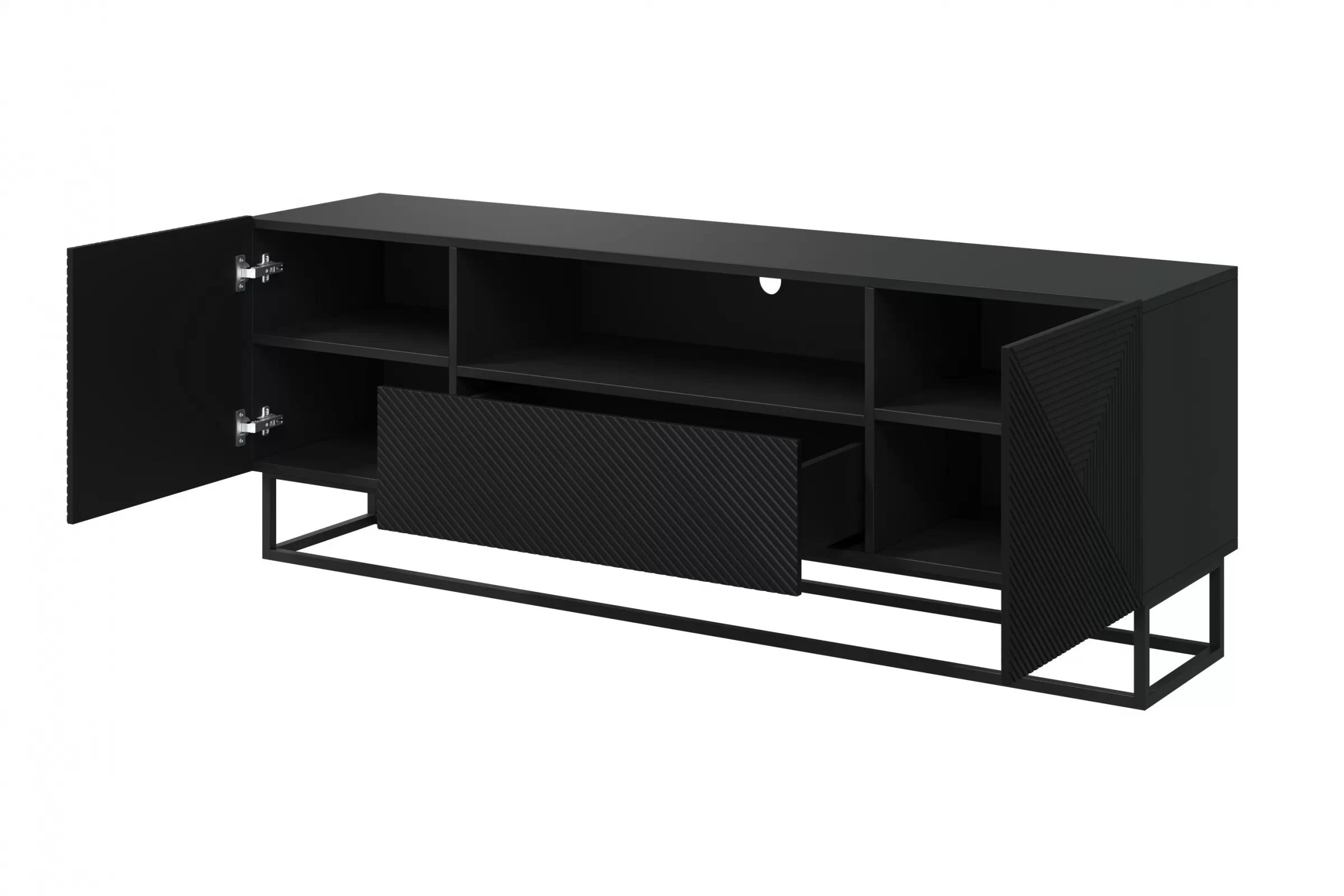 TV stolík Asha 167 cm so zásuvkou a kovovou konštrukciou - čierny mat TV skrinka Asha 167 cm z szuflada i metalowym stelazem - Čierny mat