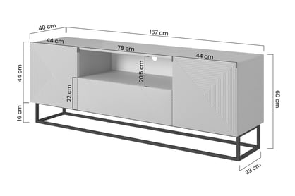 TV stolík Asha 167 cm so zásuvkou a kovovou konštrukciou - čierny mat TV skrinka Asha 167 cm z szuflada i metalowym stelazem - Čierny mat