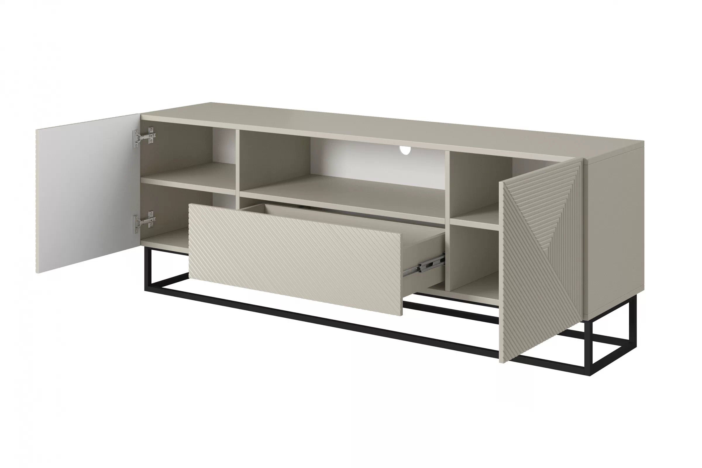 TV stolík Asha 167 cm na čiernom podstavci s otvorenou policou - kašmírová TV skrinka Asha 167 cm z szuflada i metalowym stelazem - kašmír