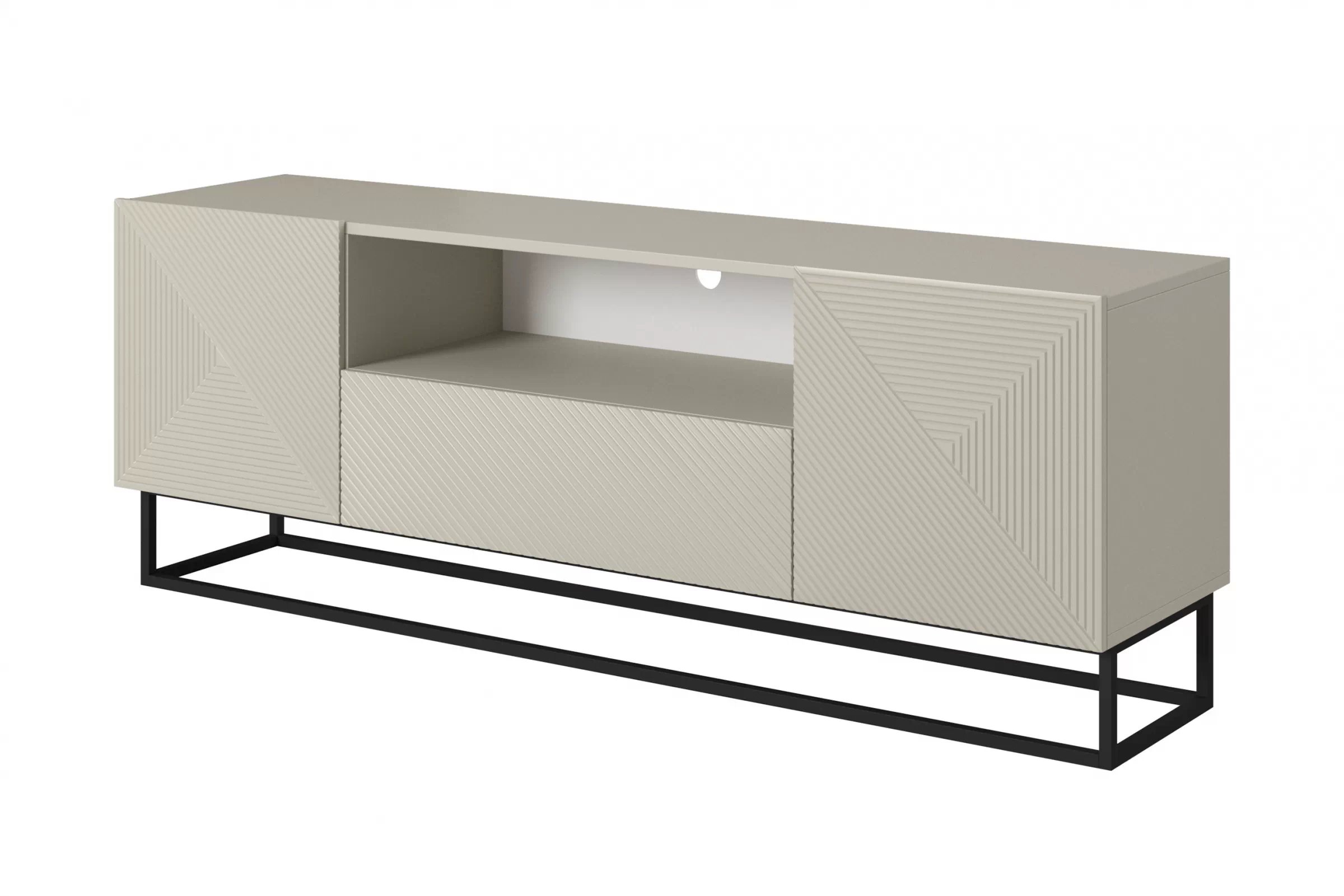 TV stolík Asha 167 cm na čiernom podstavci s otvorenou policou - kašmírová TV skrinka Asha 167 cm z szuflada i metalowym stelazem - kašmír