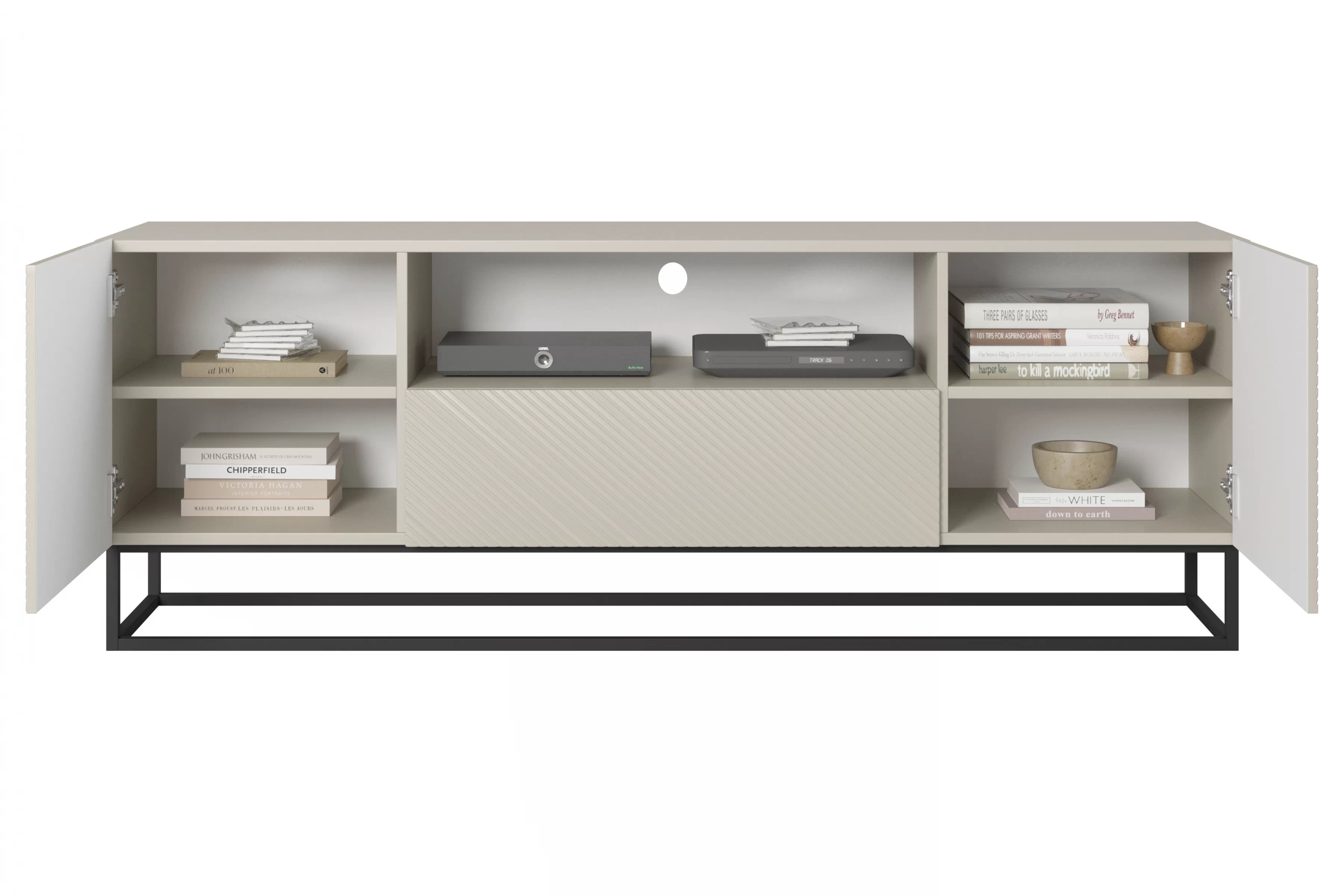 TV stolík Asha 167 cm na čiernom podstavci s otvorenou policou - kašmírová TV skrinka Asha 167 cm z szuflada i metalowym stelazem - kašmír