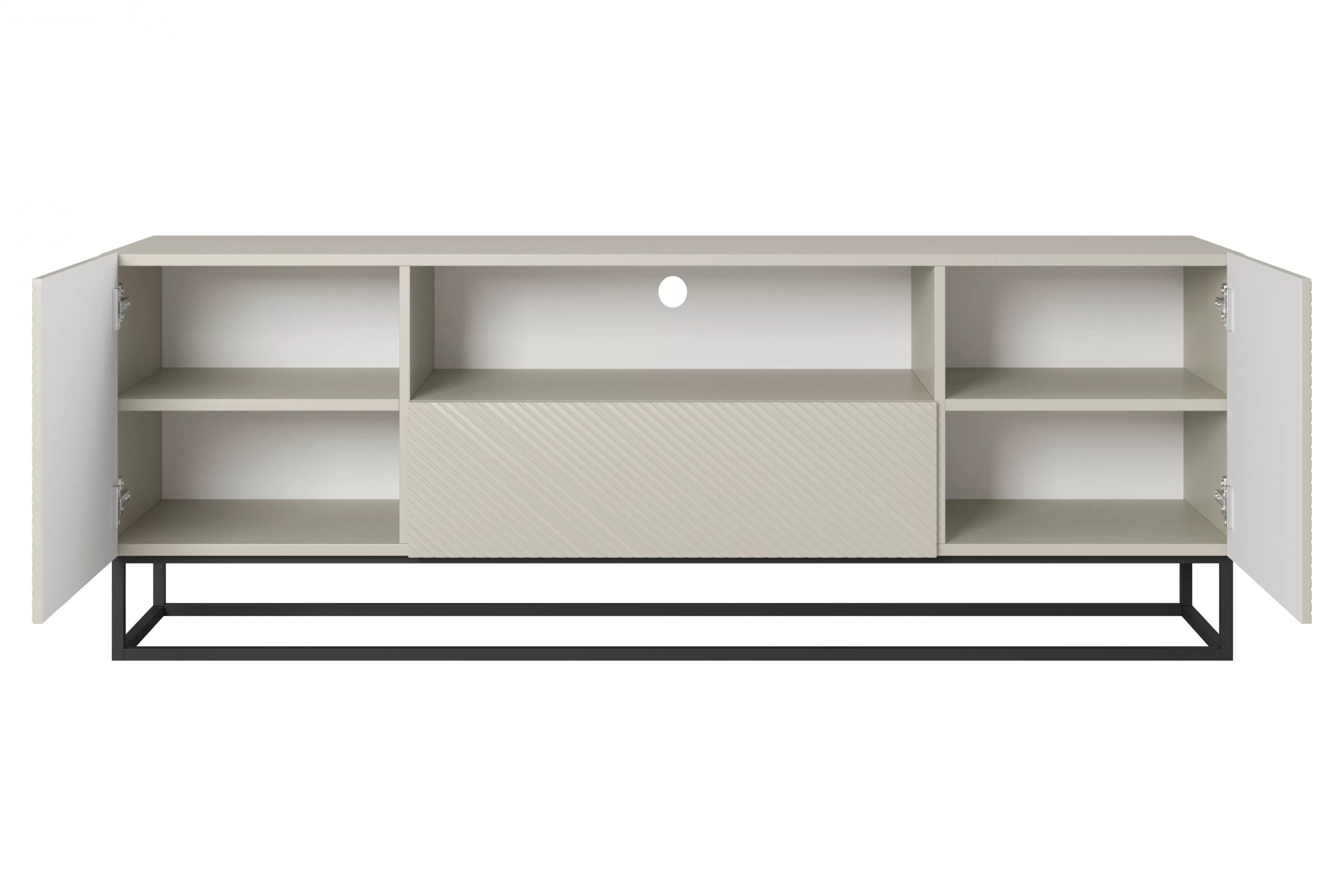 TV stolík Asha 167 cm na čiernom podstavci s otvorenou policou - kašmírová TV skrinka Asha 167 cm z szuflada i metalowym stelazem - kašmír