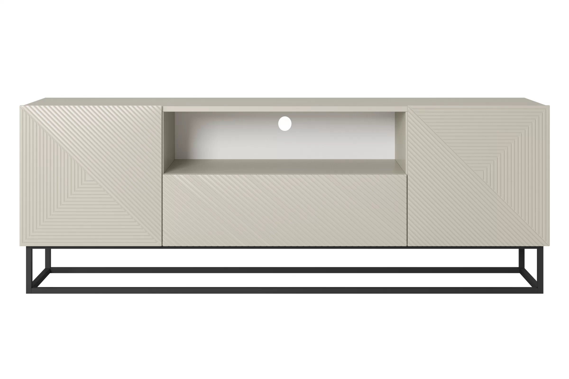 TV stolík Asha 167 cm na čiernom podstavci s otvorenou policou - kašmírová TV skrinka Asha 167 cm z szuflada i metalowym stelazem - kašmír