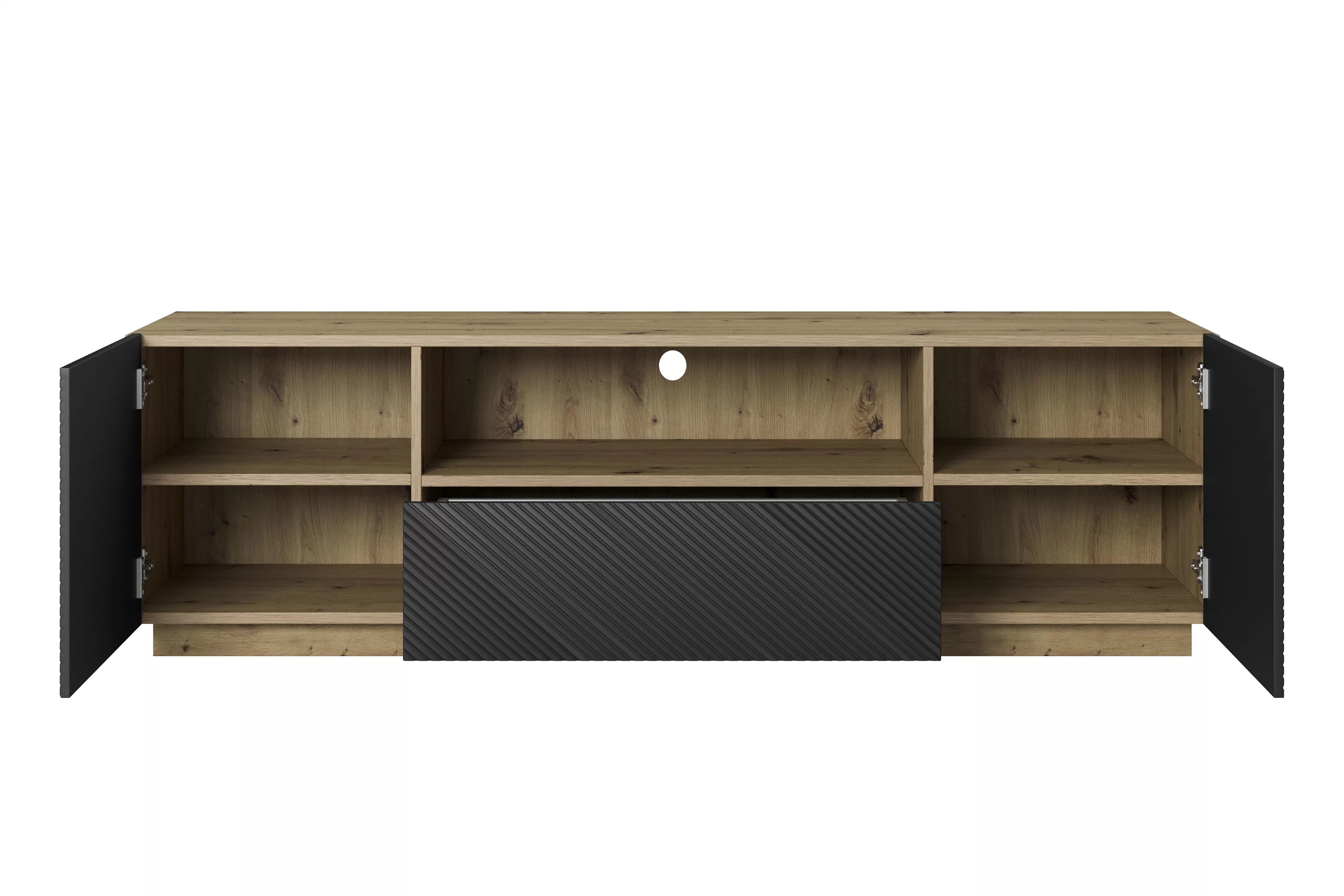 TV stolek Asha 167 cm se zásuvkou a otevřenou policí - dub artisan / černý mat Skříňka RTV Asha 167 cm z szuflada i wneka - artisan / černá mat