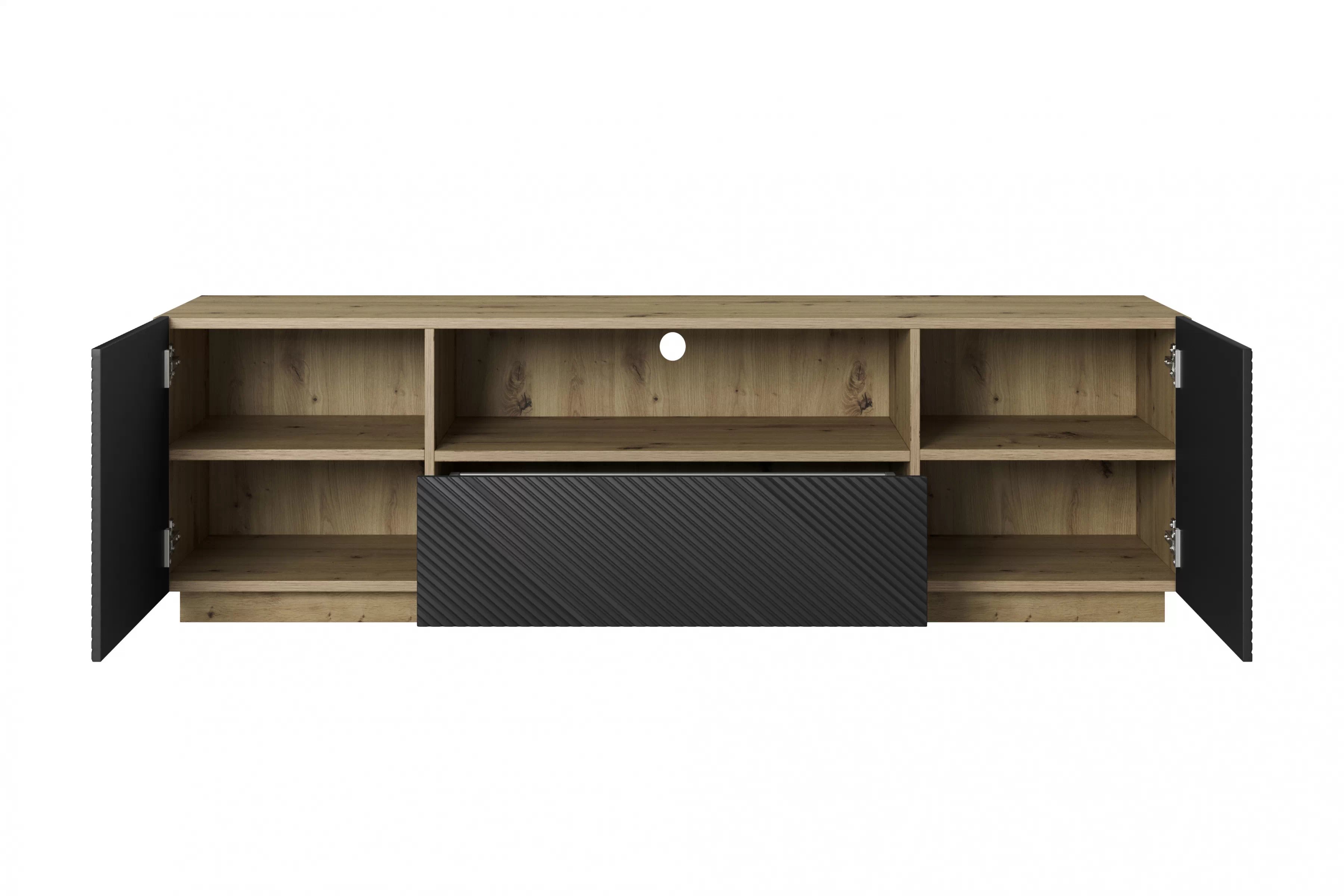 TV stolek Asha 167 cm se zásuvkou a otevřenou policí - dub artisan / černý mat skříňka RTV Asha 167 cm z szuflada i wneka - artisan / černá mat