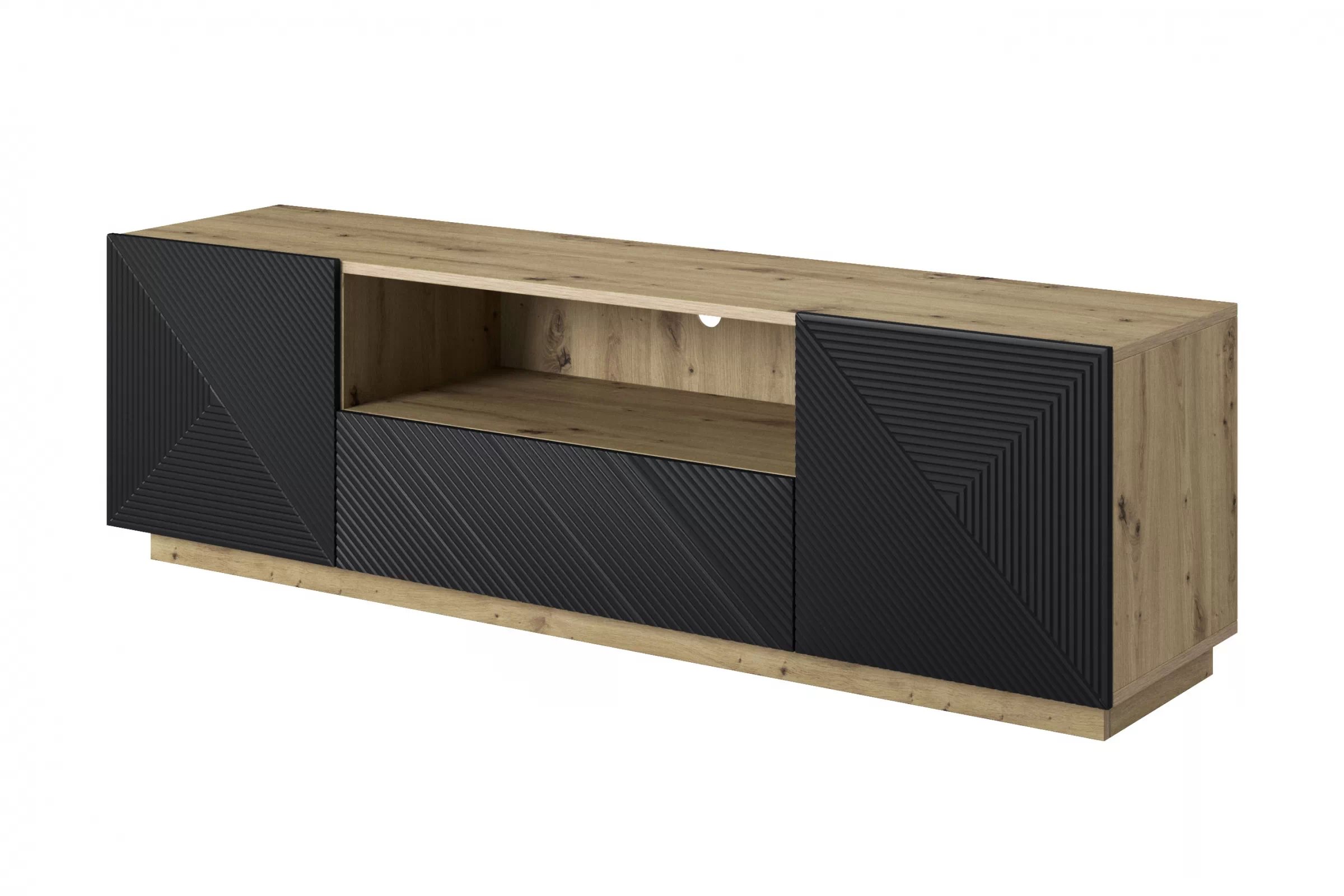 TV stolek Asha 167 cm se zásuvkou a otevřenou policí - dub artisan / černý mat Szafka RTV Asha 167 cm z szufladą i wnęką - artisan / czarny mat