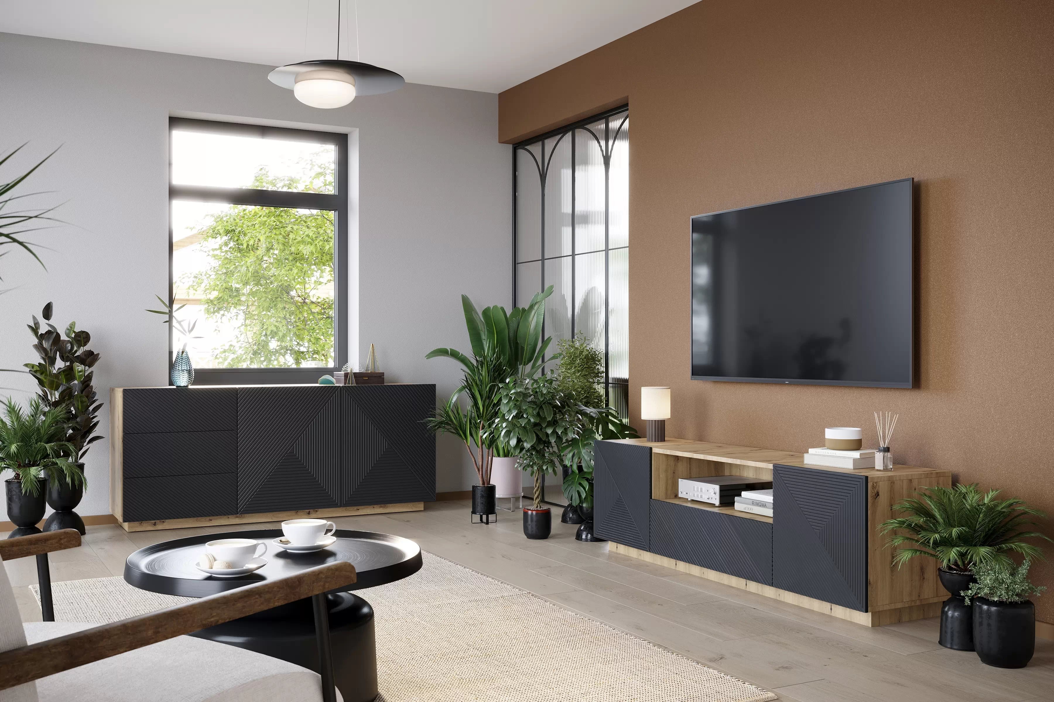 TV stolík Asha 167 cm s otvorenou policou - artisan / rivier stone mat TV skrinka Asha 167 cm z szuflada i wneka - artisan / rivier stone mat