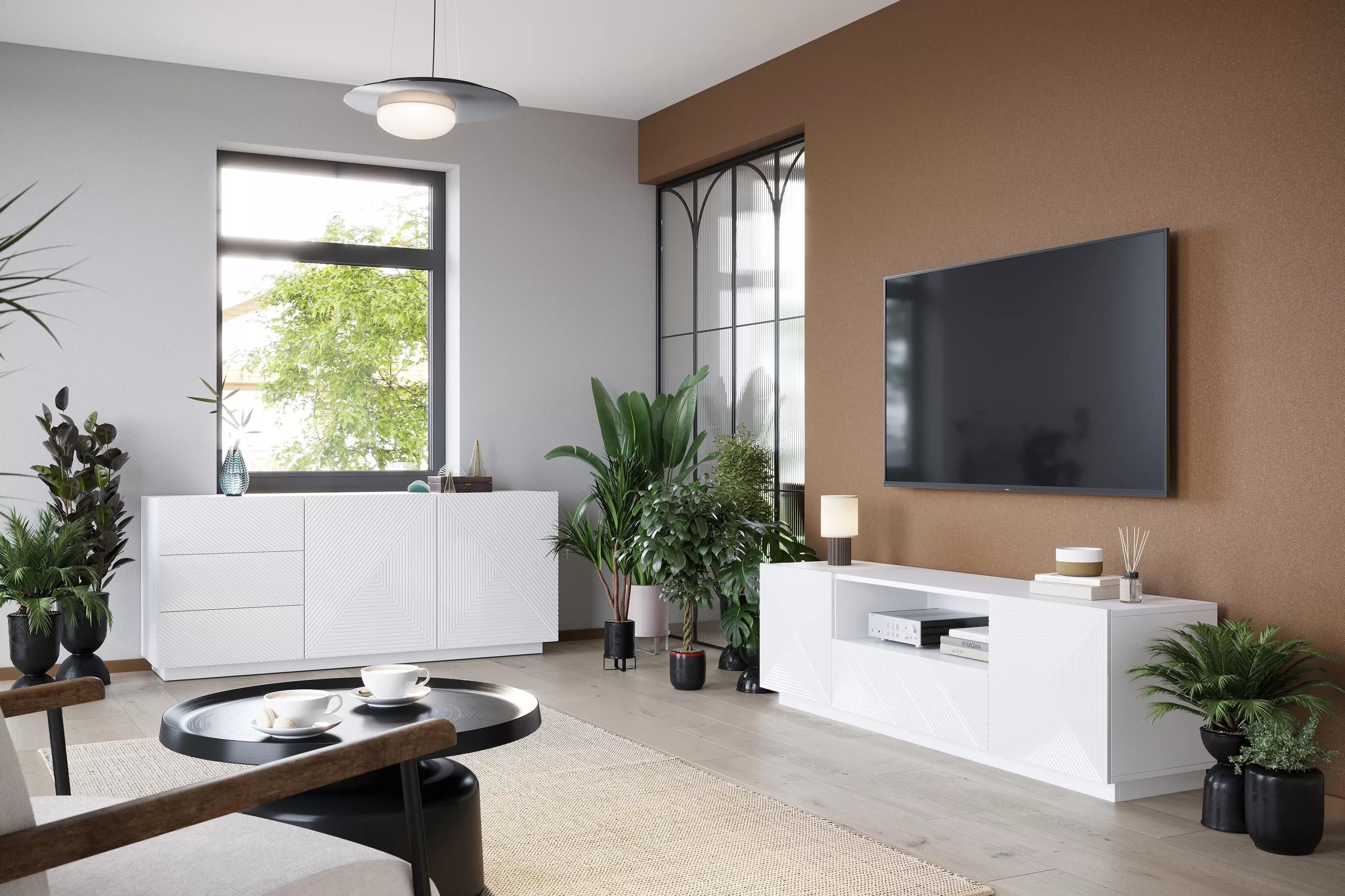 TV stolek Asha 167 cm - bílý lesk Skříňka RTV Asha 167 cm z szuflada i wneka - bílý lesk