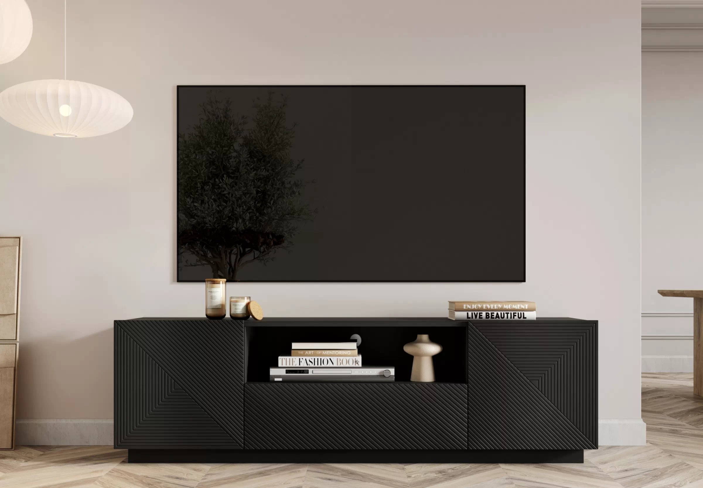 TV stolík Asha 167 cm so zásuvkou a otvorenou policou - čierny mat TV skrinka Asha 167 cm z szuflada i wneka - Čierny mat