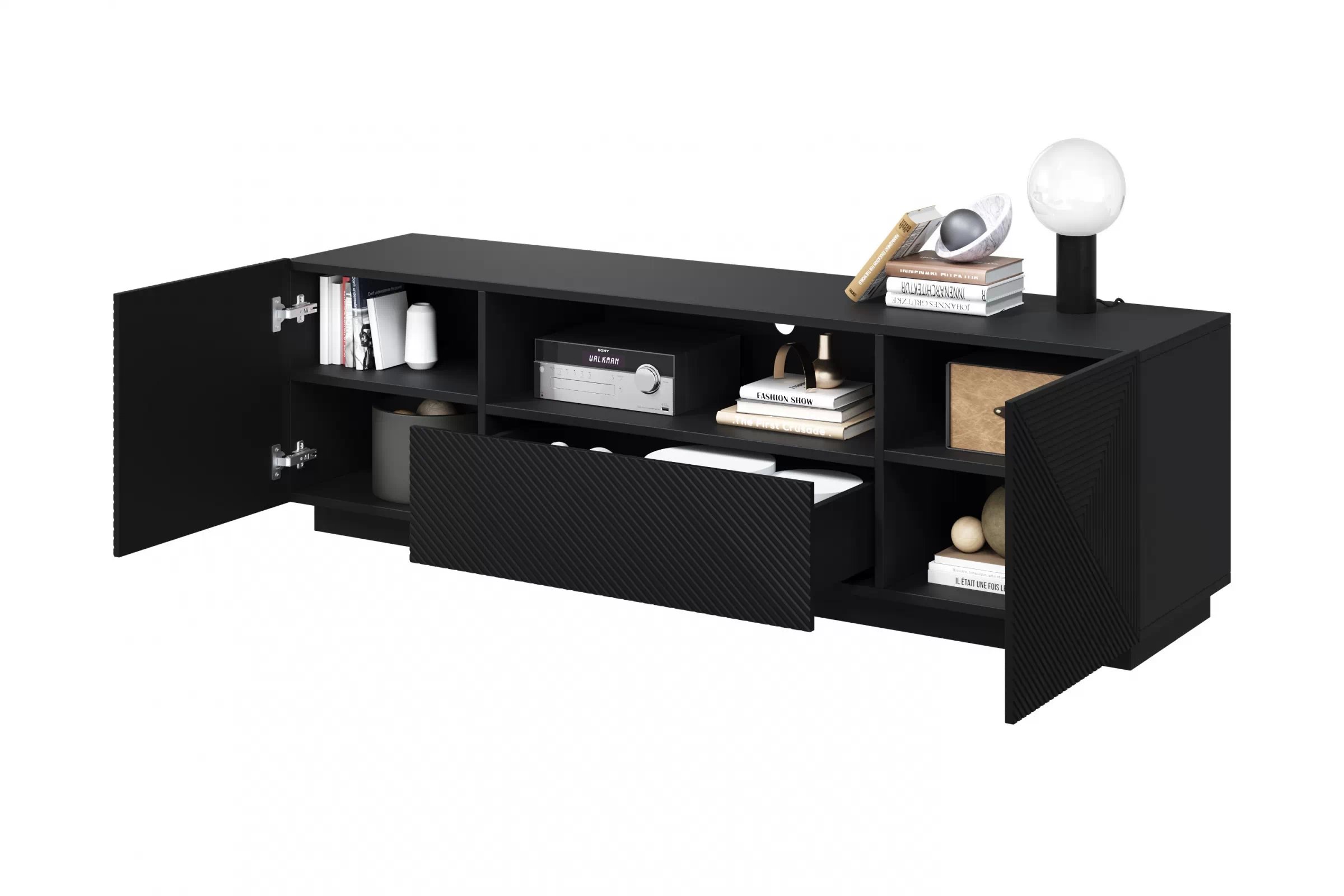 TV stolík Asha 167 cm so zásuvkou a otvorenou policou - čierny mat TV skrinka Asha 167 cm z szuflada i wneka - Čierny mat