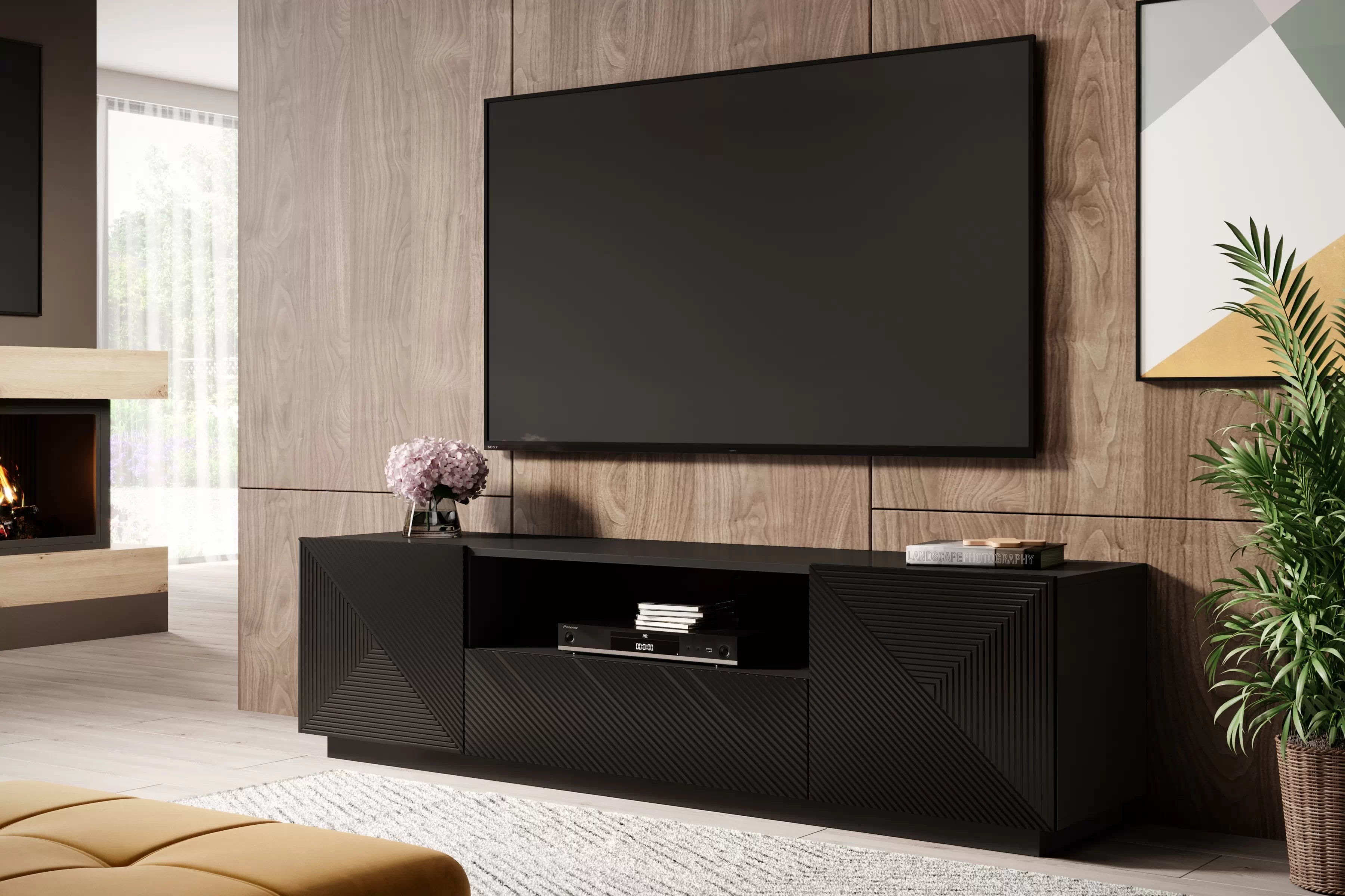 TV stolík Asha 167 cm so zásuvkou a otvorenou policou - čierny mat TV skrinka Asha 167 cm z szuflada i wneka - Čierny mat