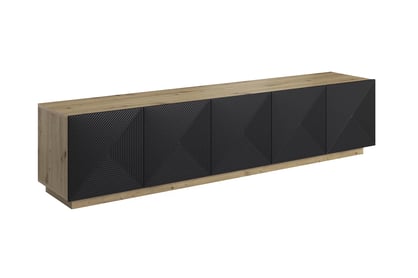 TV skrinka Asha 200 cm päťdverová s ryhovaným čelom - artisan / čierny mat
