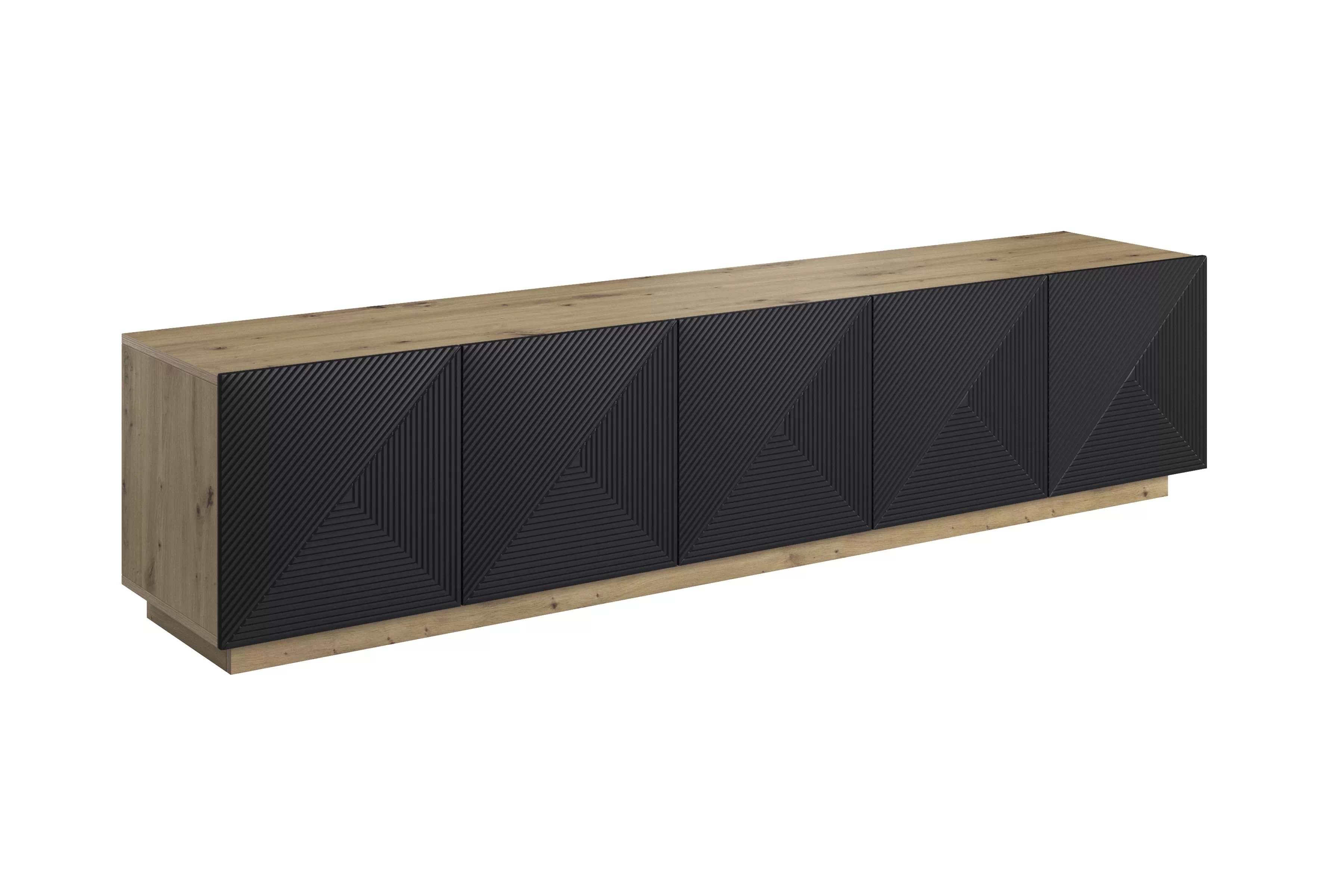 TV skrinka Asha 200 cm päťdverová s ryhovaným čelom - artisan / čierny mat TV skrinka Asha 200 cm pieciodrzwiowa s frézovaným frontom - artisan / Čierny mat
