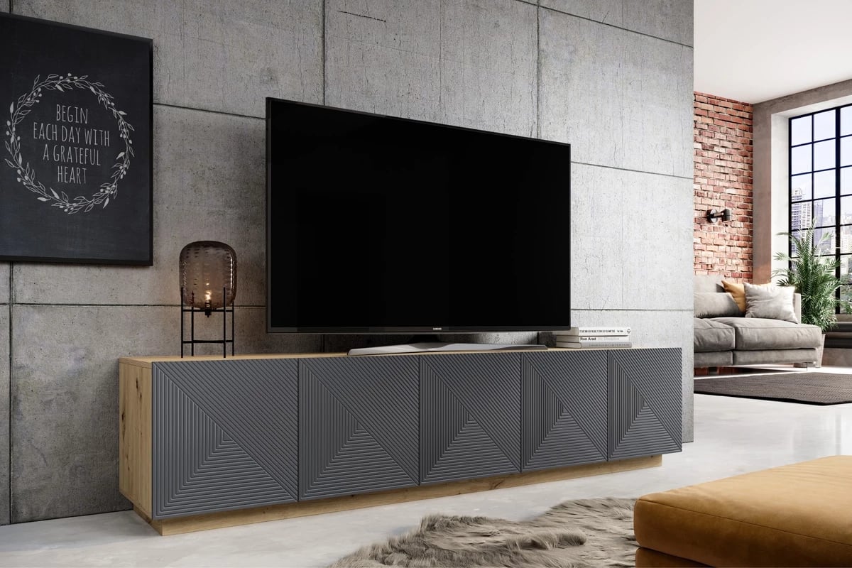 TV stolík Asha 200 cm na sokli - artisan / rivier stone mat TV skrinka Asha 200 cm - artisan/rivier stone mat