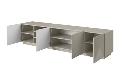 TV skrinka Asha 200 cm s ryhovaným frontom a výklenkom - kašmír TV skrinka Asha 200 cm  ryflowanym frontem i wneka - kašmír