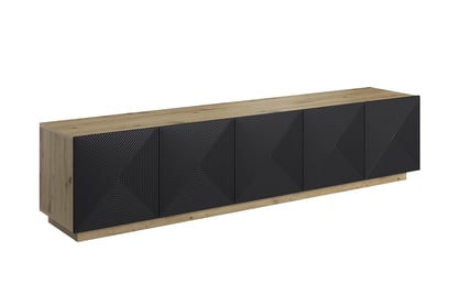 TV stolek Asha 200 cm pětidveřový s drážkovanými čely - artisan / černý mat