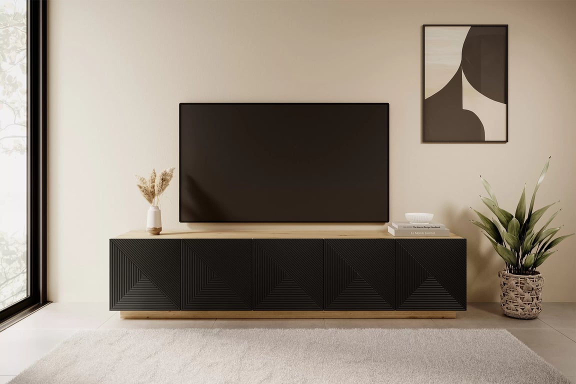 TV stolek Asha 200 cm 5dveřový s rýhovaným čelem - dub artisan / černý mat Skříňka RTV Asha 200 cm pieciodrzwiowa s frézovanou přední částí - artisan / černá mat