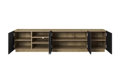 TV stolek Asha 200 cm 5dveřový s rýhovaným čelem - dub artisan / černý mat skříňka RTV Asha 200 cm pieciodrzwiowa s frézovanou přední částí - artisan / černá mat