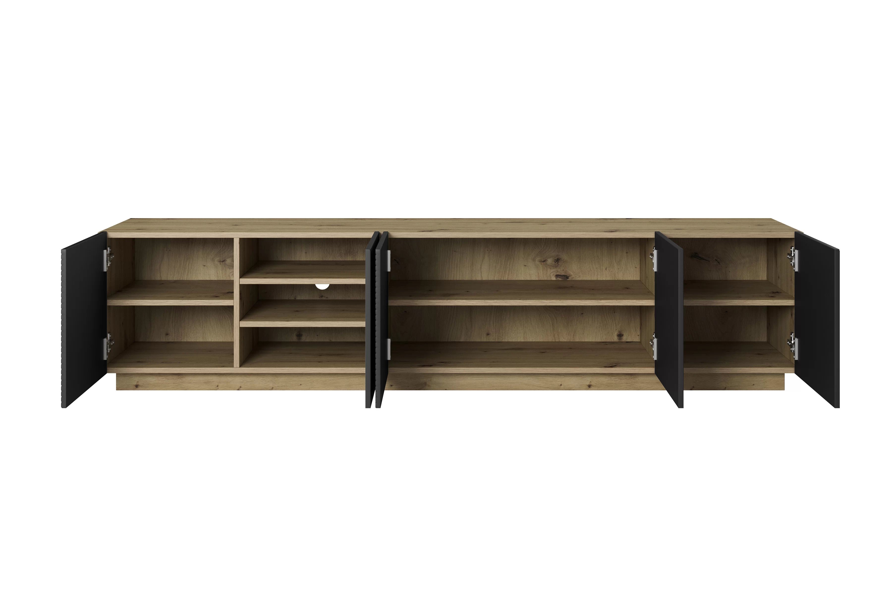 TV stolek Asha 200 cm pětidveřový s drážkovanými čely - artisan / černý mat skříňka RTV Asha 200 cm pieciodrzwiowa s frézovanou přední částí - artisan / černá mat