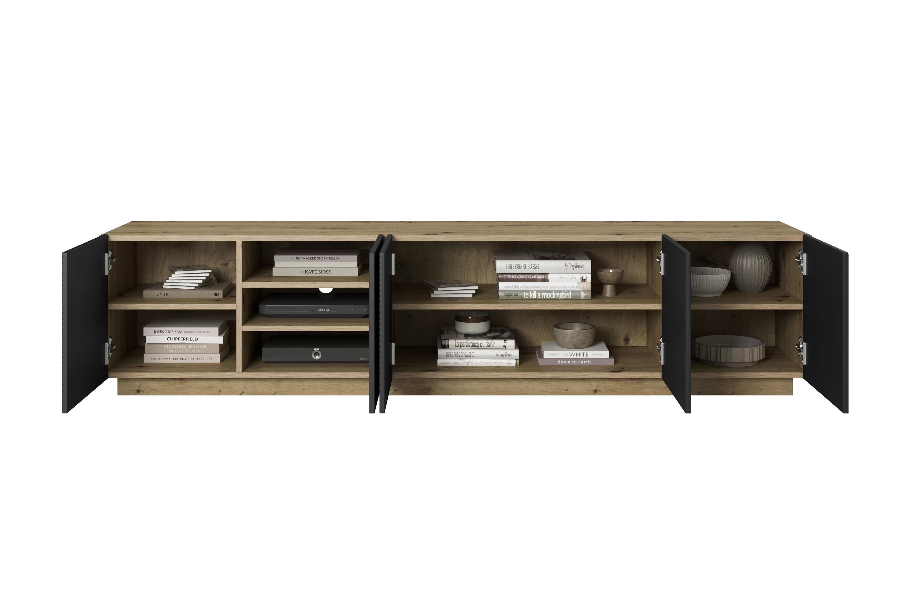 TV stolek Asha 200 cm pětidveřový s drážkovanými čely - artisan / černý mat skříňka RTV Asha 200 cm pieciodrzwiowa s frézovanou přední částí - artisan / černá mat