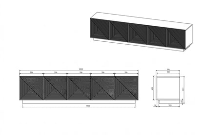 TV stolek Asha 200 cm 5dveřový s rýhovaným čelem - dub artisan / černý mat Skříňka RTV Asha 200 cm pieciodrzwiowa s frézovanou přední částí - artisan / černá mat