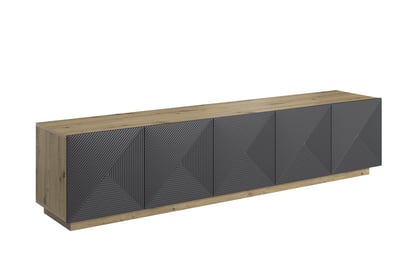 TV stolek Asha 200 cm pětidveřový s rýhovaným čelem - dub artisan / rivier stone mat