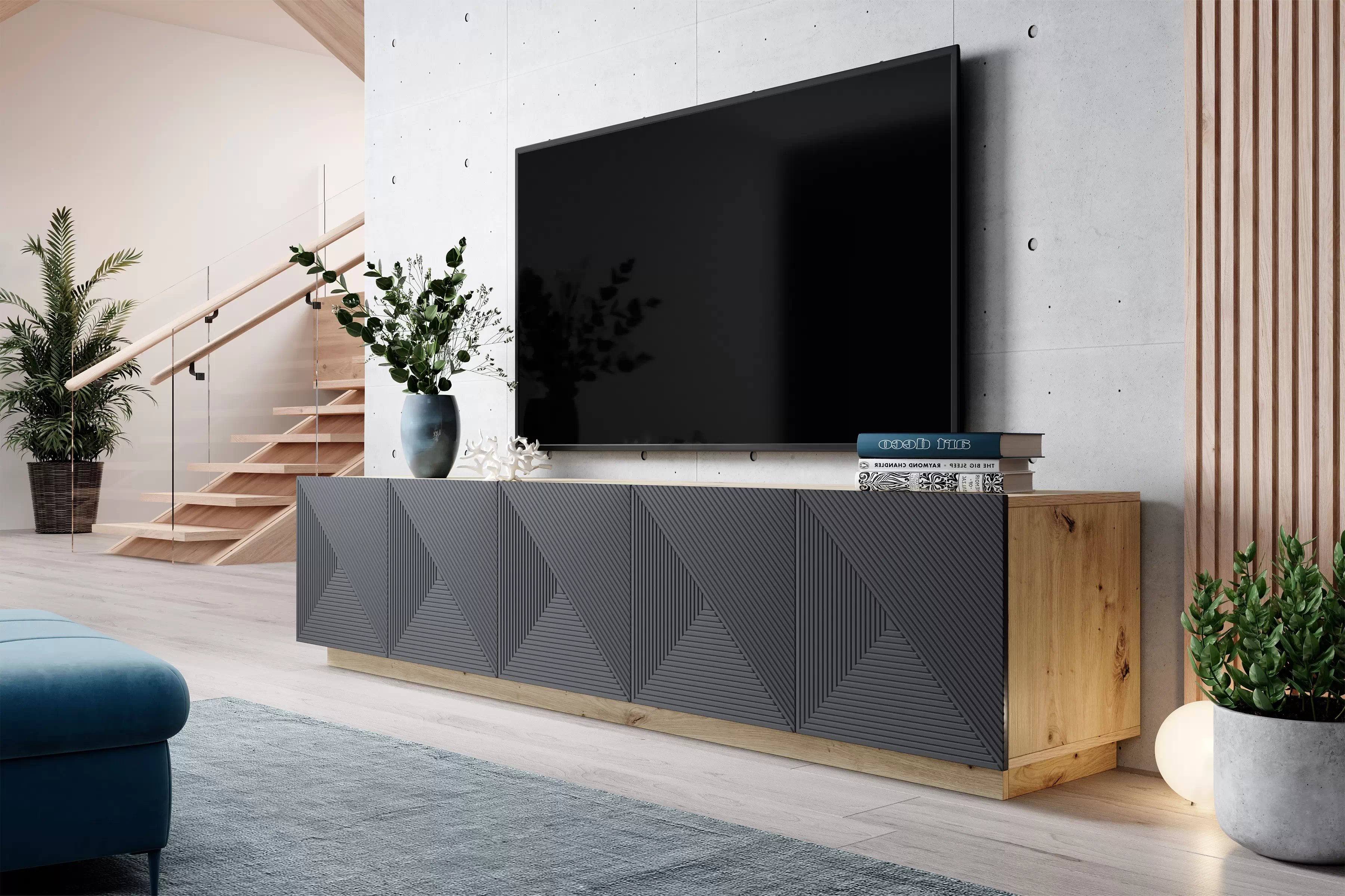 TV stolík Asha 200 cm na sokli - artisan / rivier stone mat TV skrinka Asha 200 cm pieciodrzwiowa s frézovaným frontom - artisan / rivier stone mat