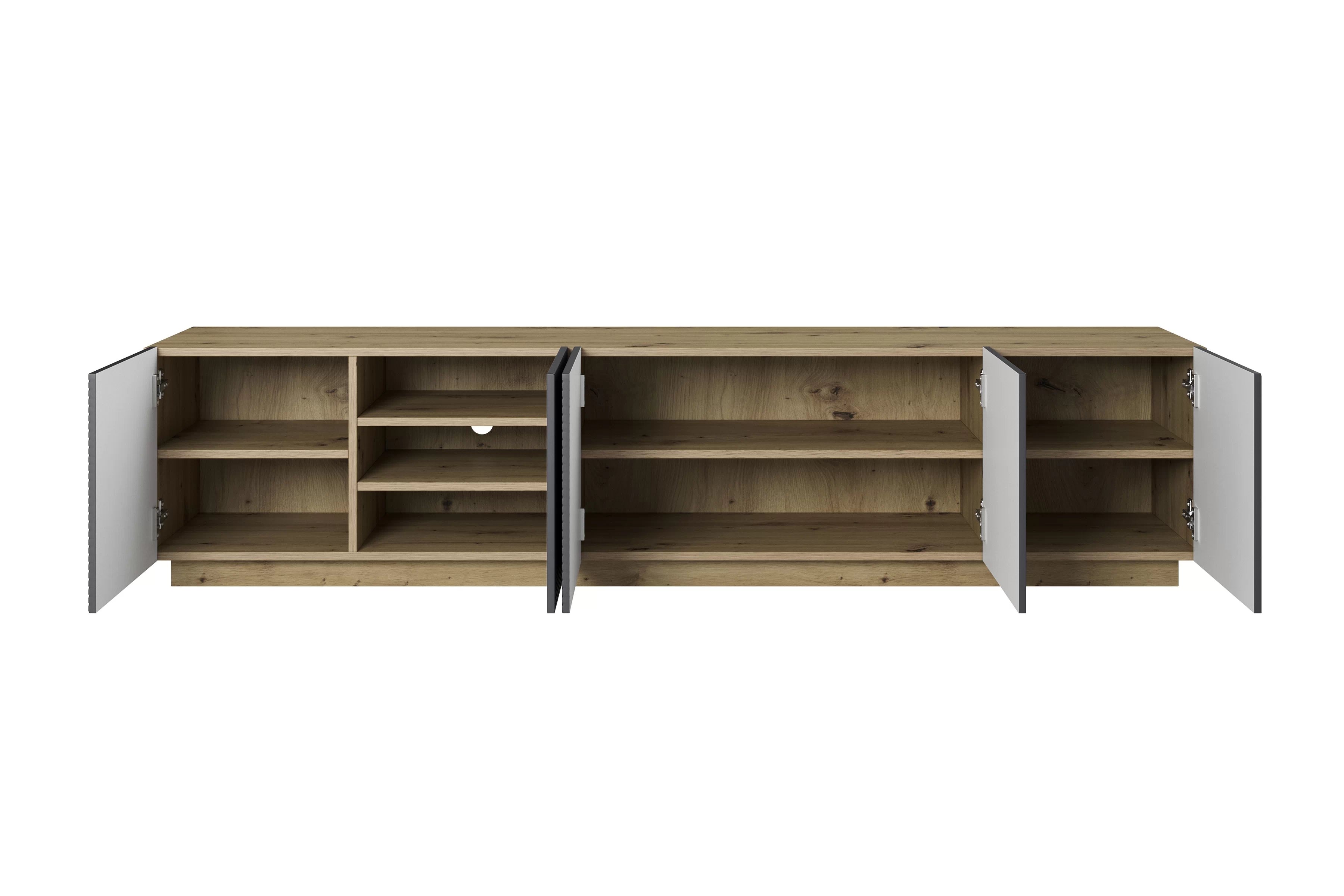 TV stolík Asha 200 cm na sokli - artisan / rivier stone mat TV skrinka Asha 200 cm pieciodrzwiowa s frézovaným frontom - artisan / rivier stone mat