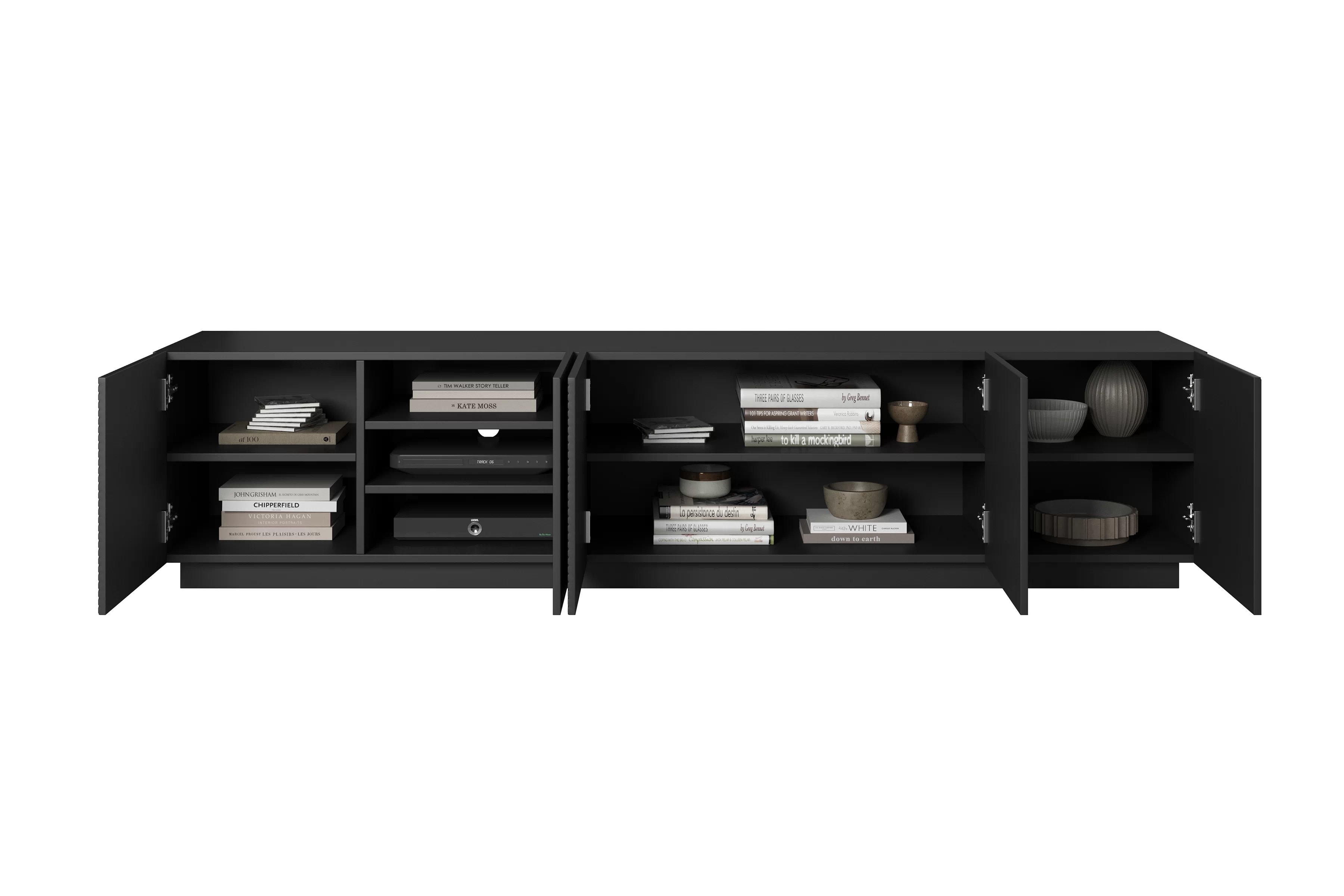 TV stolík Asha 200 cm s ryhovaným čelom - čierny mat TV skrinka Asha 200 cm pieciodrzwiowa s frézovaným frontom - Čierny mat