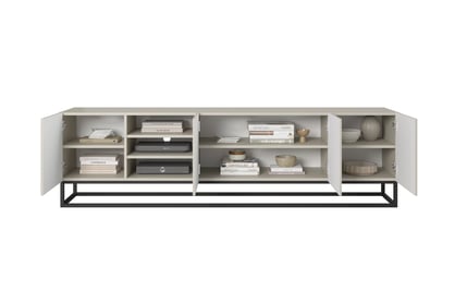 TV stolek Asha 200 cm s drážkováním, otevřenou policí a černou podnoží - kašmír skříňka RTV Asha 200 cm ryflowana z wneka i metalowym, czarnym stelazem - kašmír