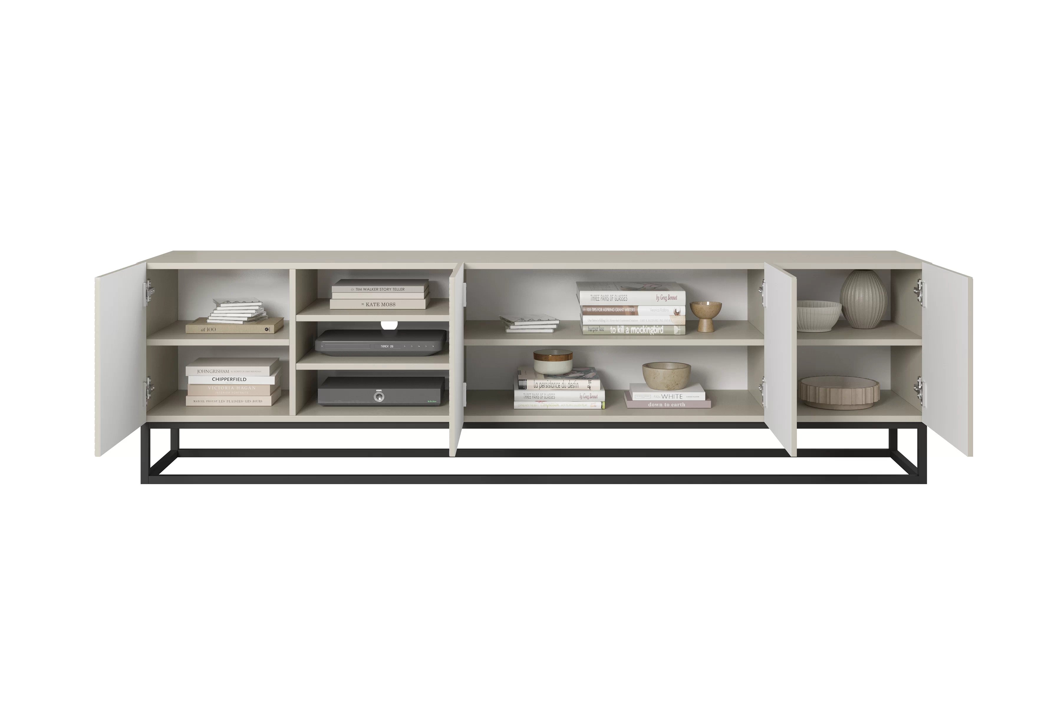 TV skrinka Asha 200 cm s ryhovaním, otvorenou policou a čiernymi nohami - kašmír TV skrinka Asha 200 cm ryflowana z wneka i metalowym, čiernym stelazem - kašmír