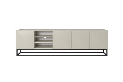 TV stolek Asha 200 cm s drážkováním, otevřenou policí a černou podnoží - kašmír skříňka RTV Asha 200 cm ryflowana z wneka i metalowym, czarnym stelazem - kašmír