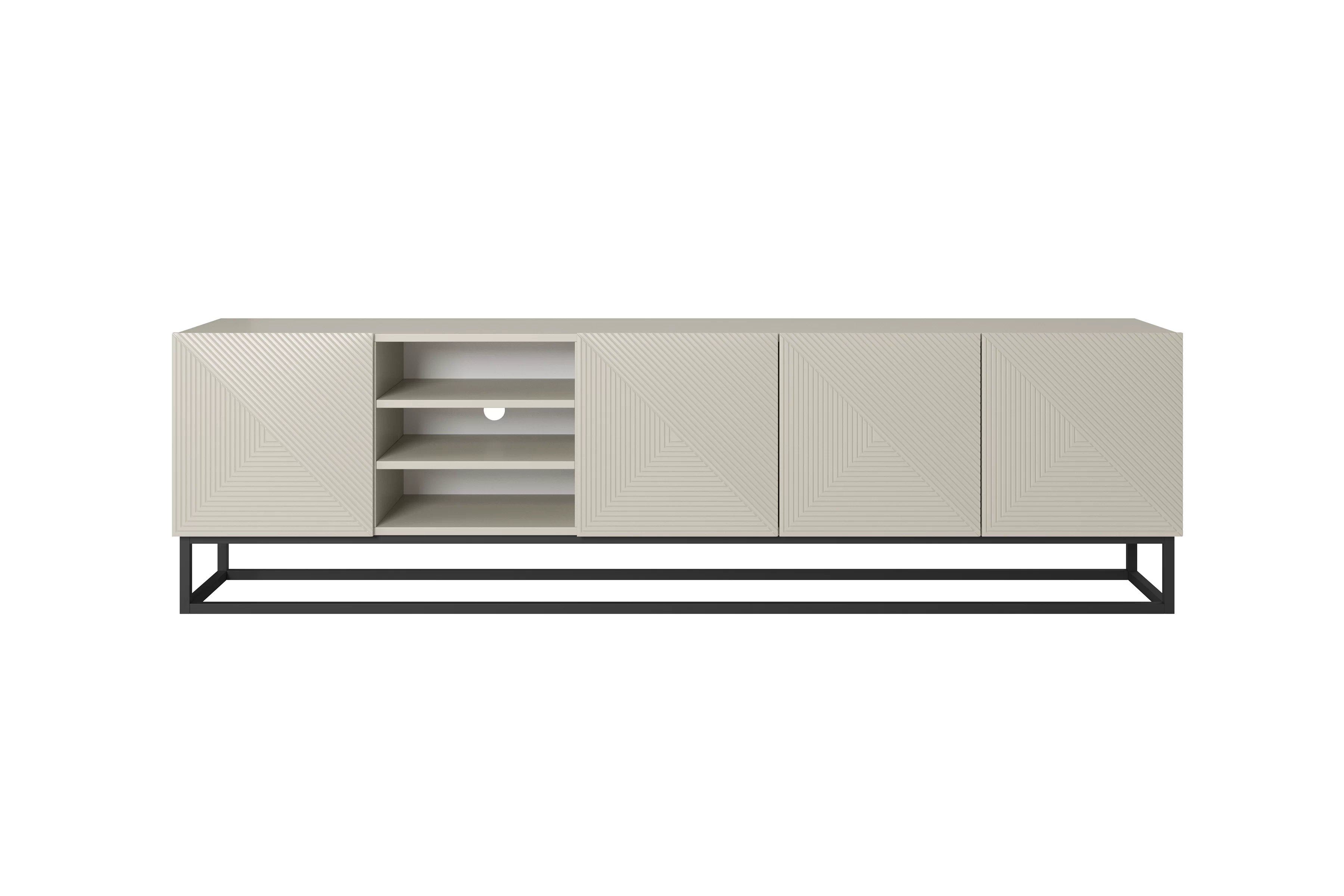 TV skrinka Asha 200 cm s ryhovaním, otvorenou policou a čiernymi nohami - kašmír TV skrinka Asha 200 cm ryflowana z wneka i metalowym, čiernym stelazem - kašmír