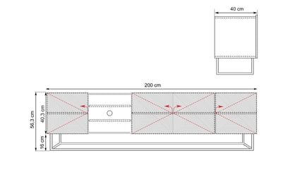 Asha RTV szekrény 200 cm - kasmír / fém vázas, bordázott kialakítás / nyitott polc TV-szekrény Asha 200 cm ryflowana z wneka i metalowym, kaszmirowym stelazem - kasmír
