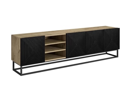 TV stolek Asha 200 cm s rýhovaným čelem a výklenkem na kovovém rámu - dub artisan / černý mat
