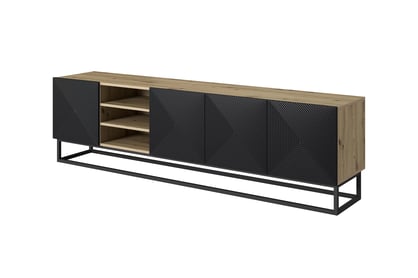 RTV skrinka Asha 200 cm ryhovaná s výklenkom a kovovým rámom - dub artisan / čierny mat