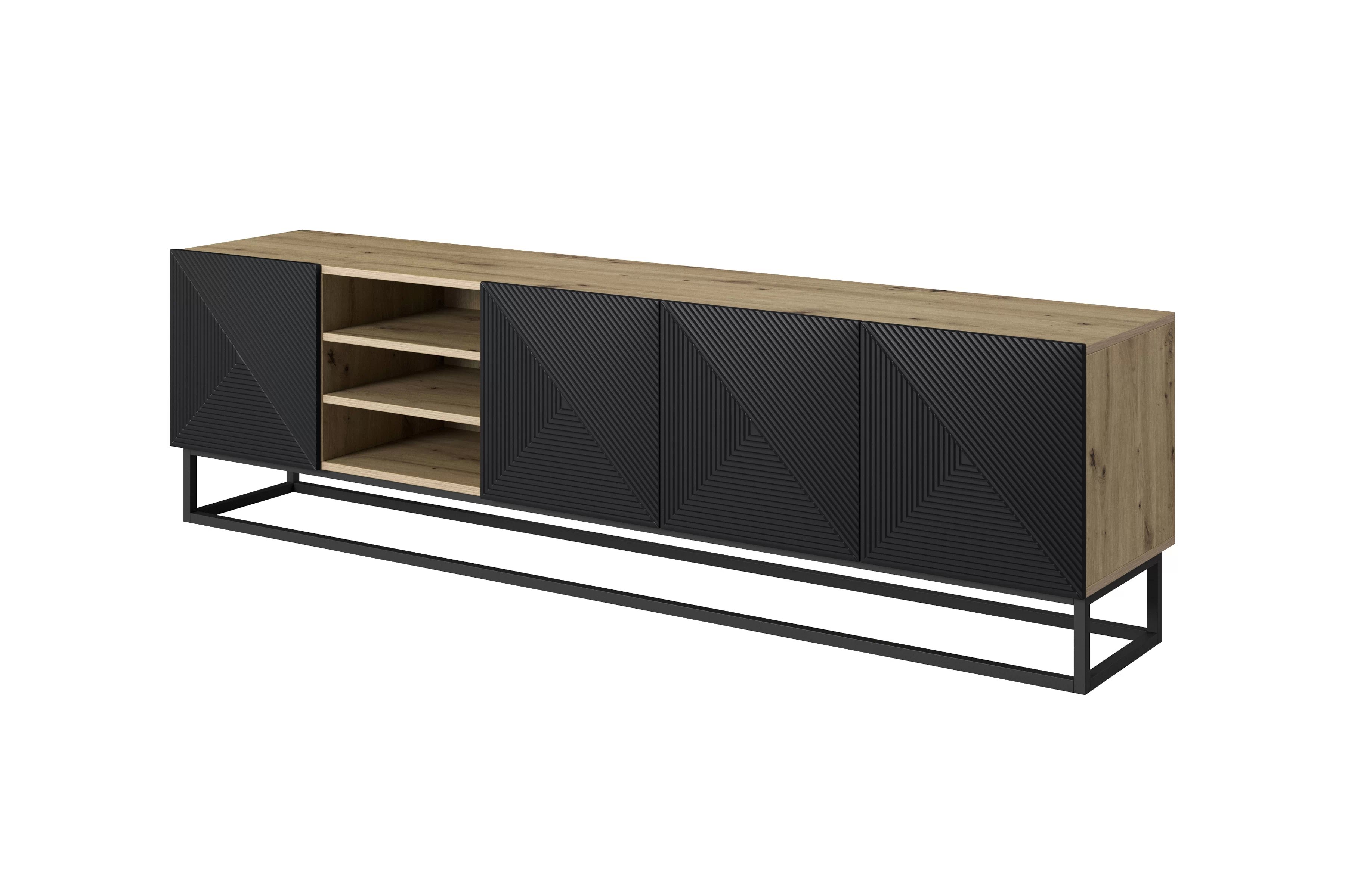 RTV skrinka Asha 200 cm ryhovaná s výklenkom a kovovým rámom - dub artisan / čierny mat TV skrinka Asha 200 cm ryflowana z wneka i metalowym stelazem - artisan / Čierny mat