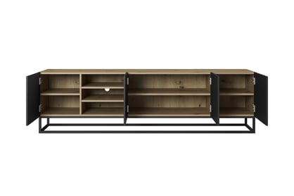 RTV skrinka Asha 200 cm ryhovaná s výklenkom a kovovým rámom - dub artisan / čierny mat TV skrinka Asha 200 cm ryflowana z wneka i metalowym stelazem - artisan / Čierny mat