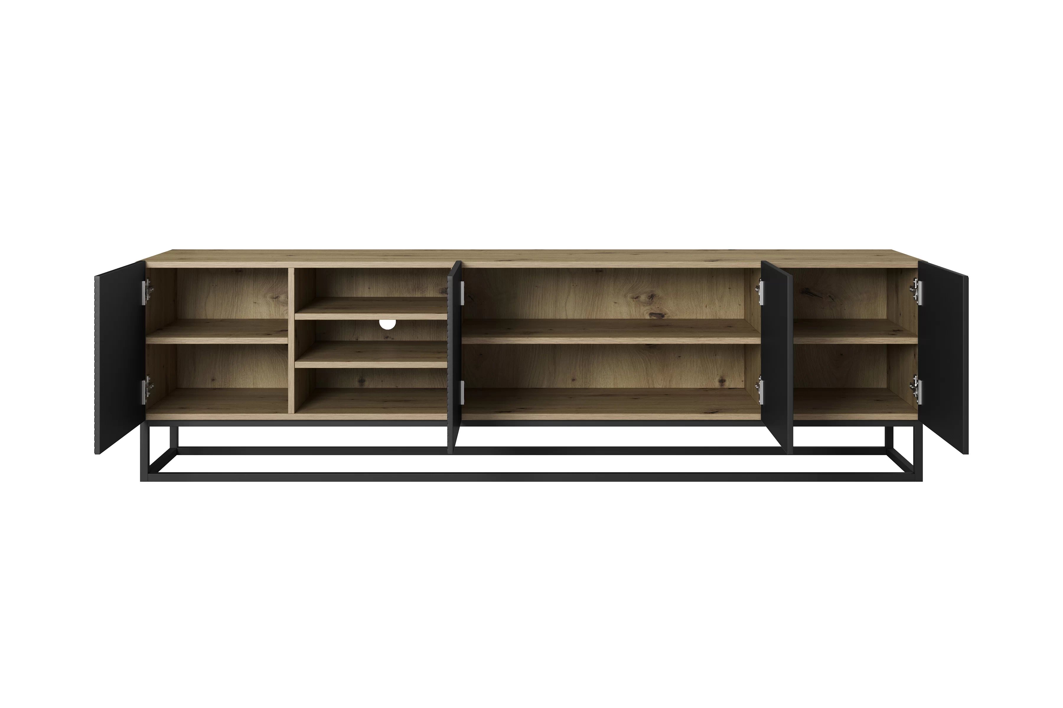 RTV skrinka Asha 200 cm ryhovaná s výklenkom a kovovým rámom - dub artisan / čierny mat TV skrinka Asha 200 cm ryflowana z wneka i metalowym stelazem - artisan / Čierny mat